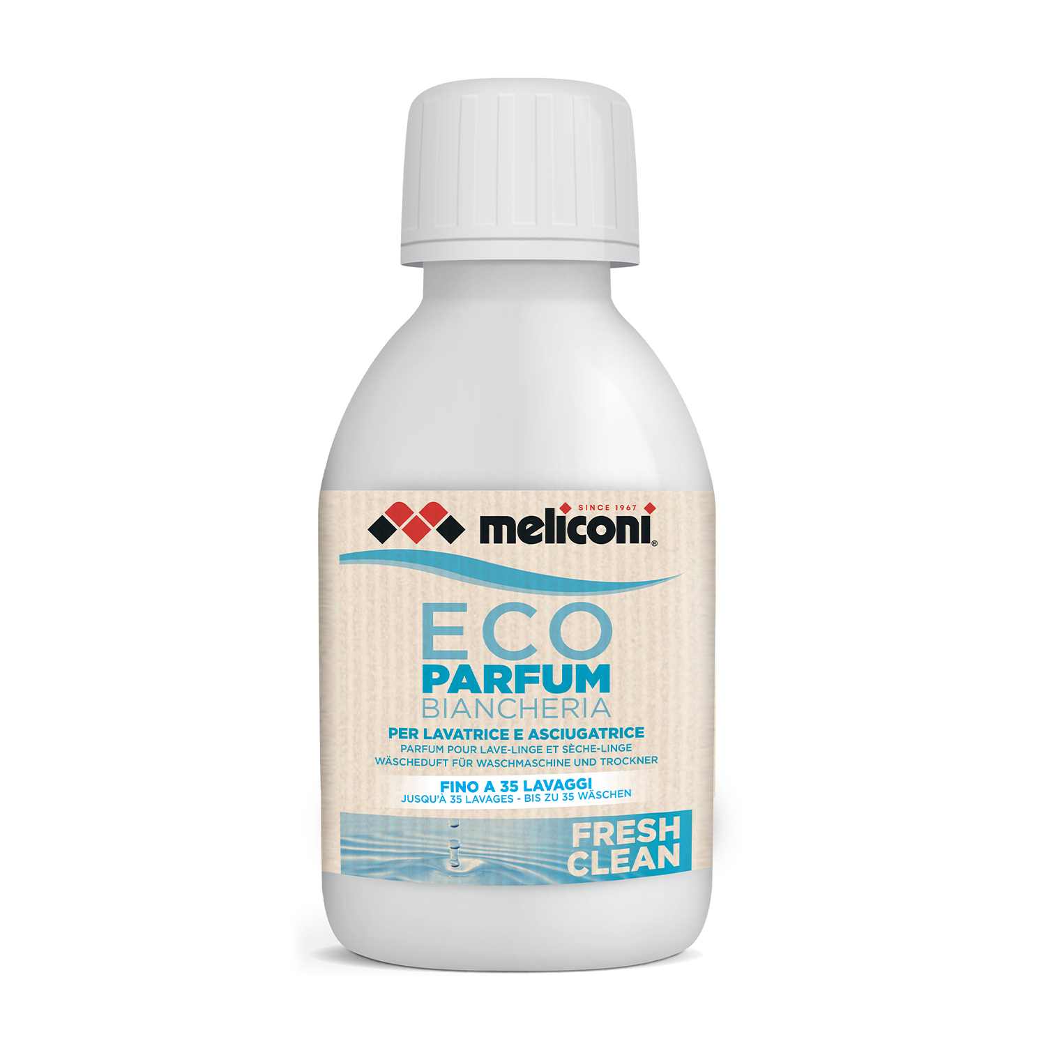 Biała butelka z niebieską etykietą perfum do prania, marki Meliconi.