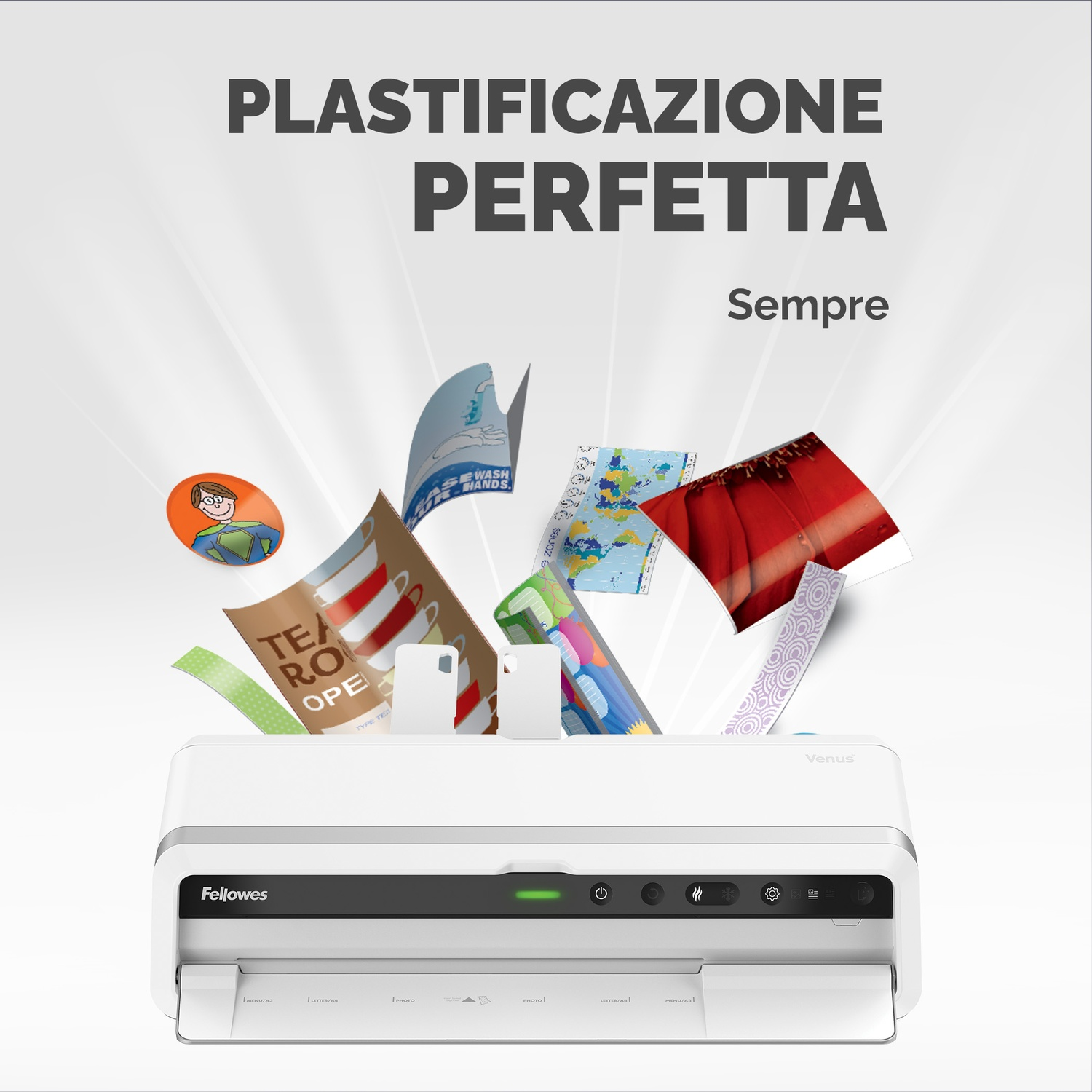 Ein weißer Fellowes Laminator mit verschiedenen laminierten Dokumenten.