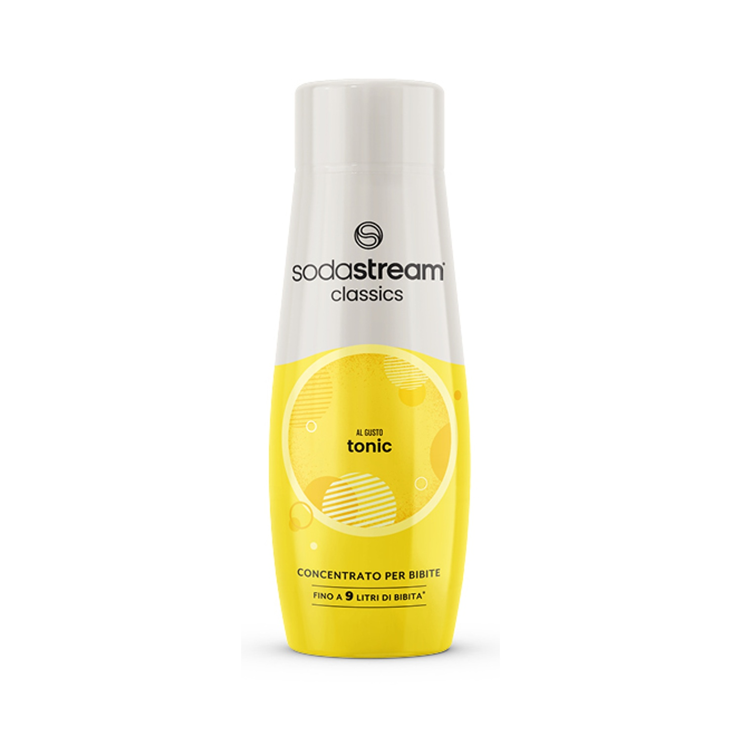 Bottiglia gialla di sciroppo Sodastream tonic con tappo ed etichetta bianchi.
