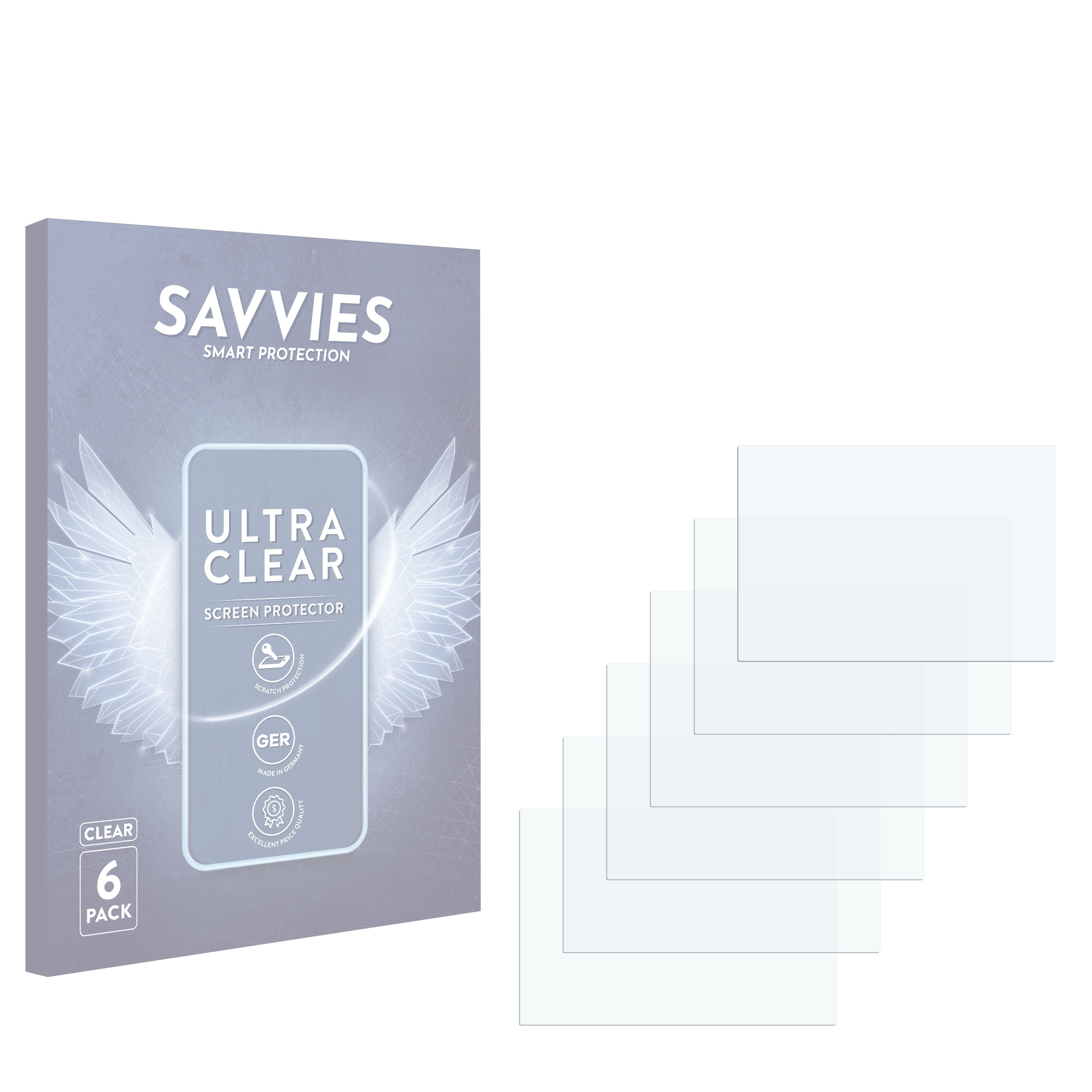 Packung "SAVVIES ULTRA CLEAR SCREEN PROTECTOR" mit 6 Stück und einzelnen Schutzfolien.