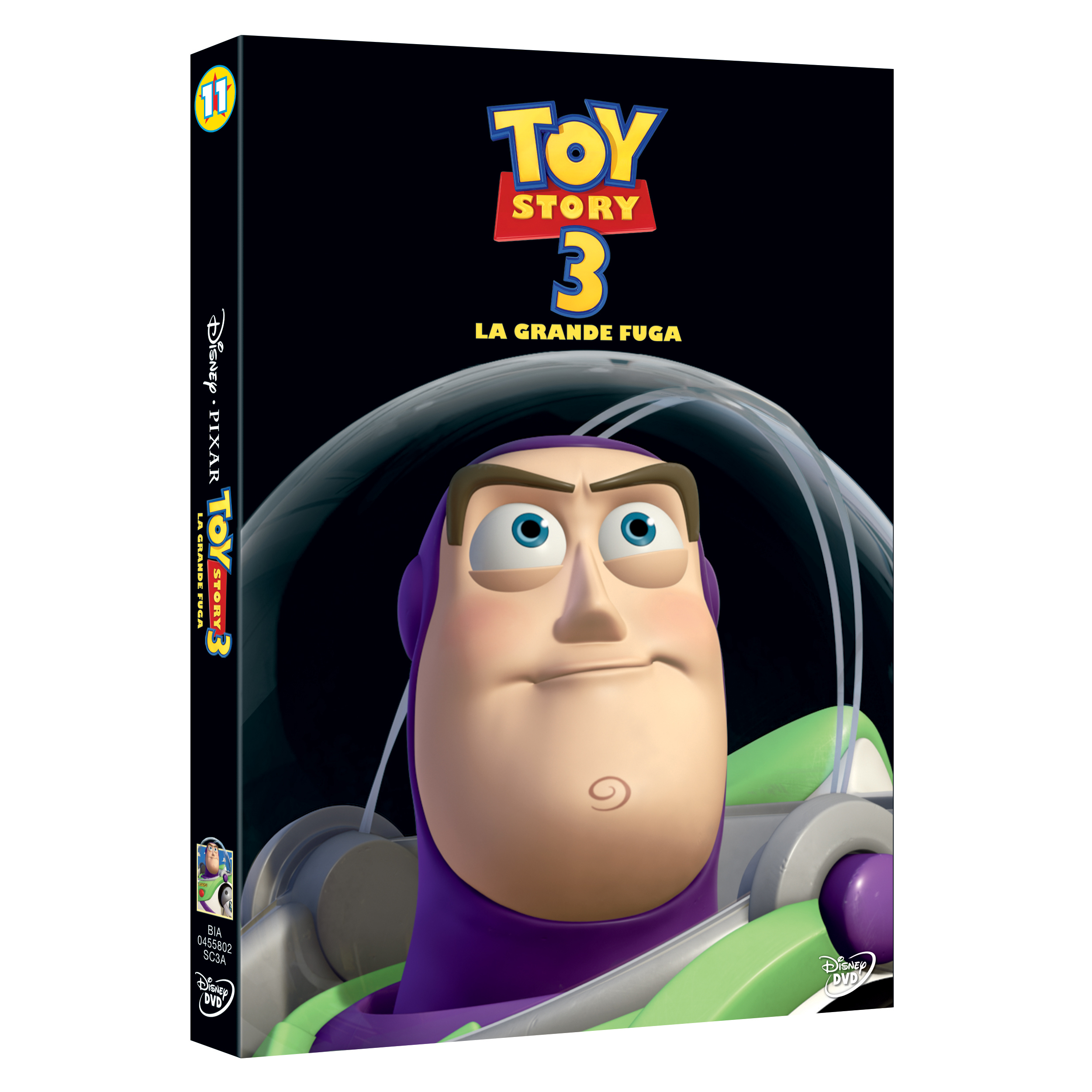 Copertina DVD di Toy Story 3 con Buzz Lightyear in primo piano.