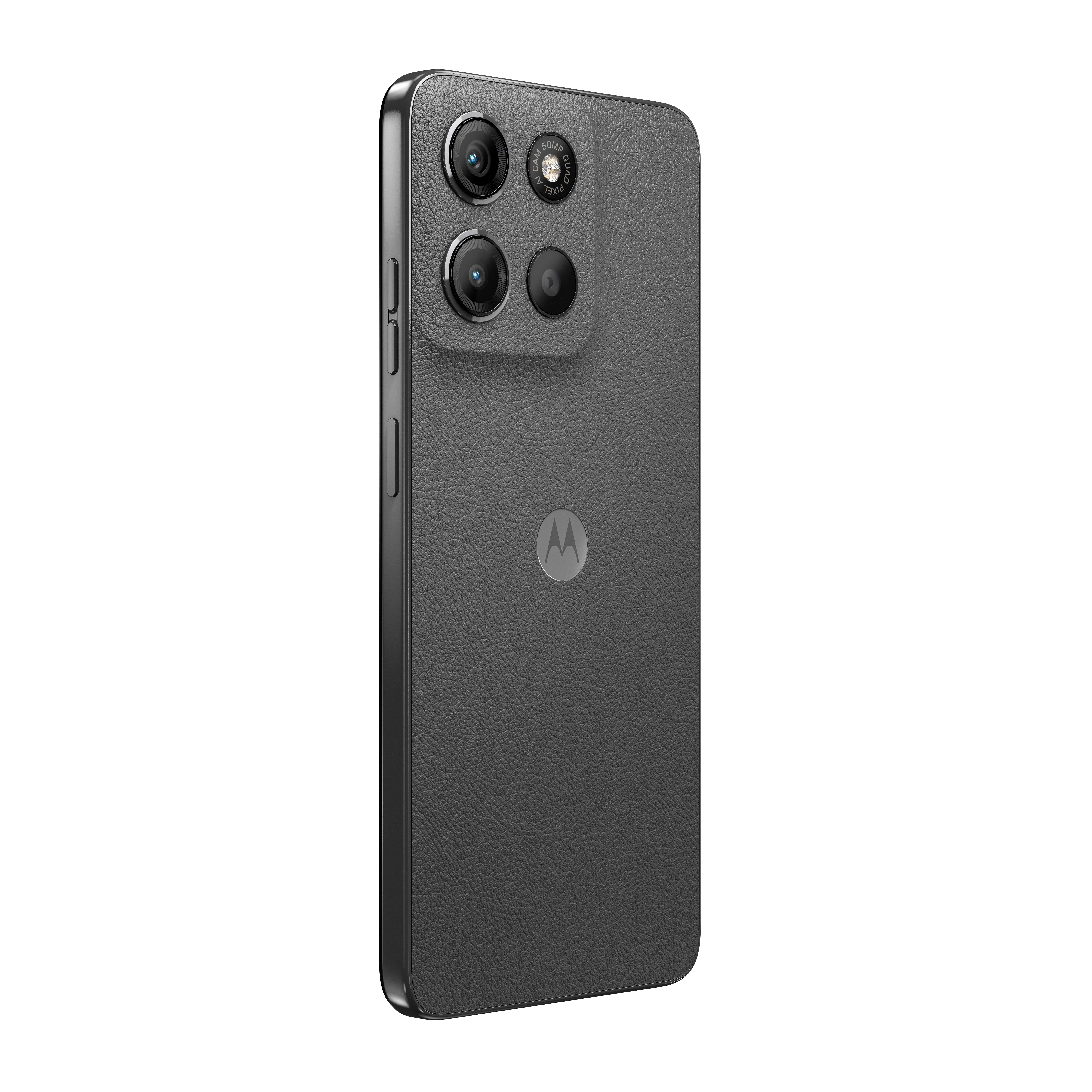 Szary smartfon z teksturą skóry, aparatami i logo Motorola.