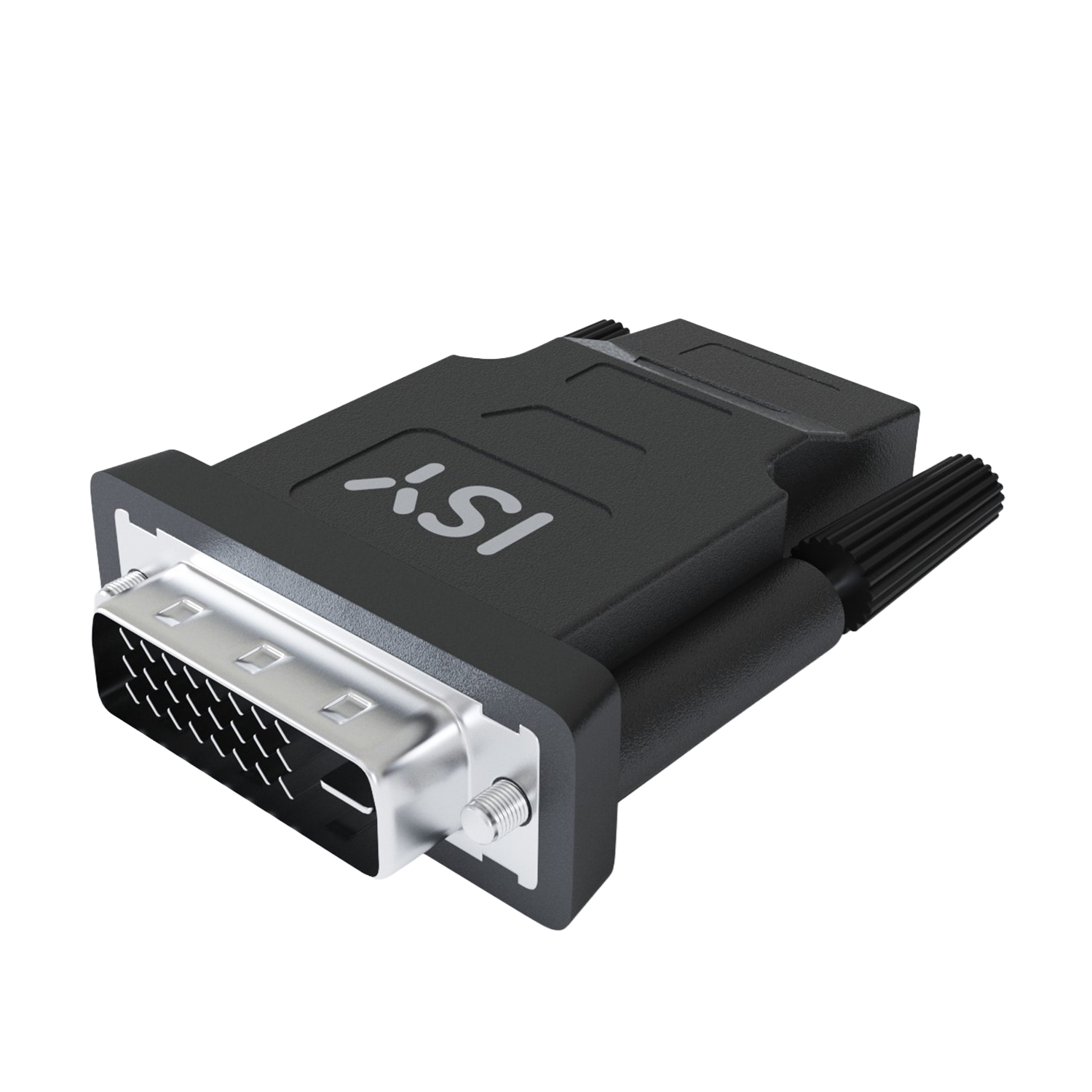 Ein schwarzer DVI-zu-HDMI-Adapter mit silbernem Anschluss und Schrauben.