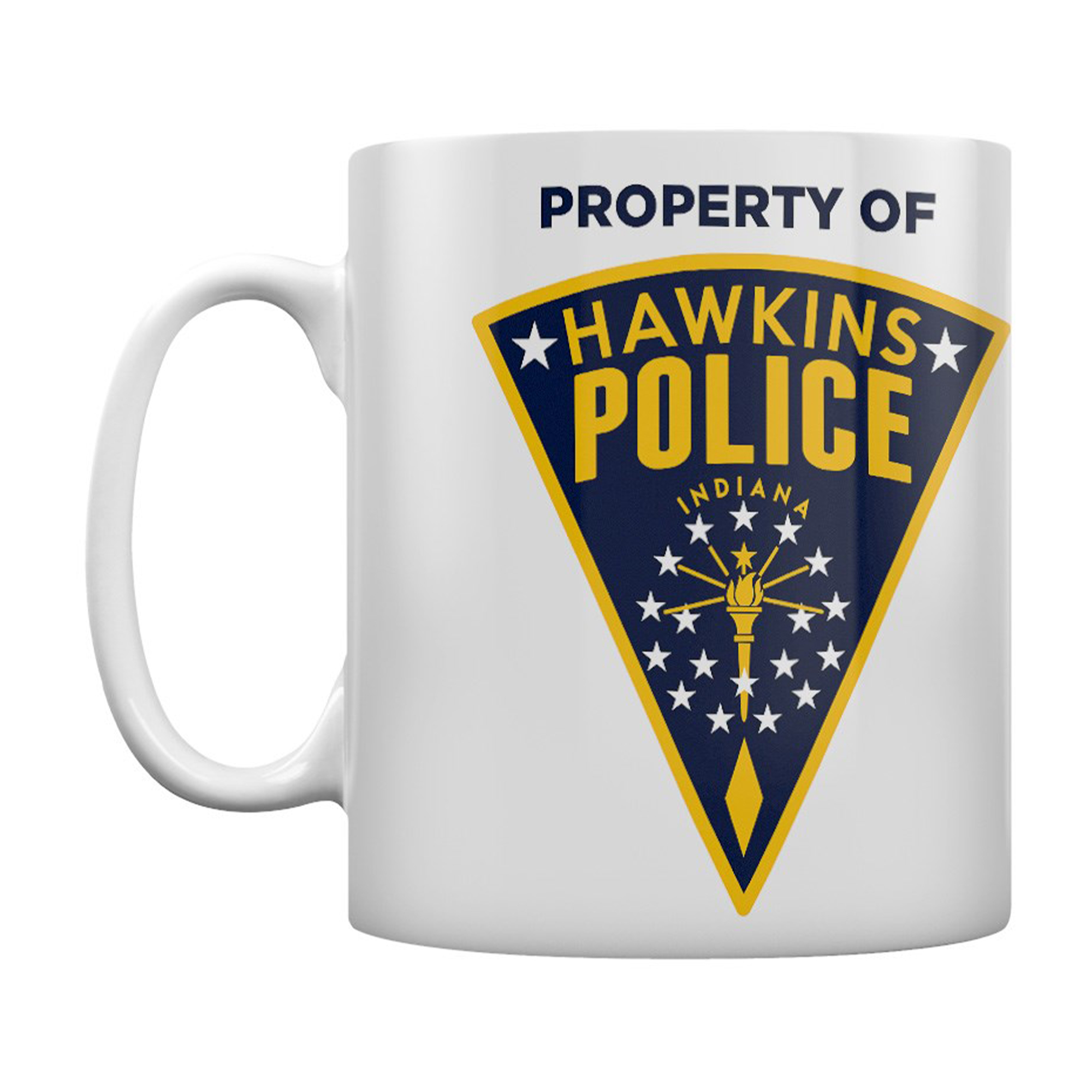 Witte mok met "PROPERTY OF HAWKINS POLICE" en een schildlogo.