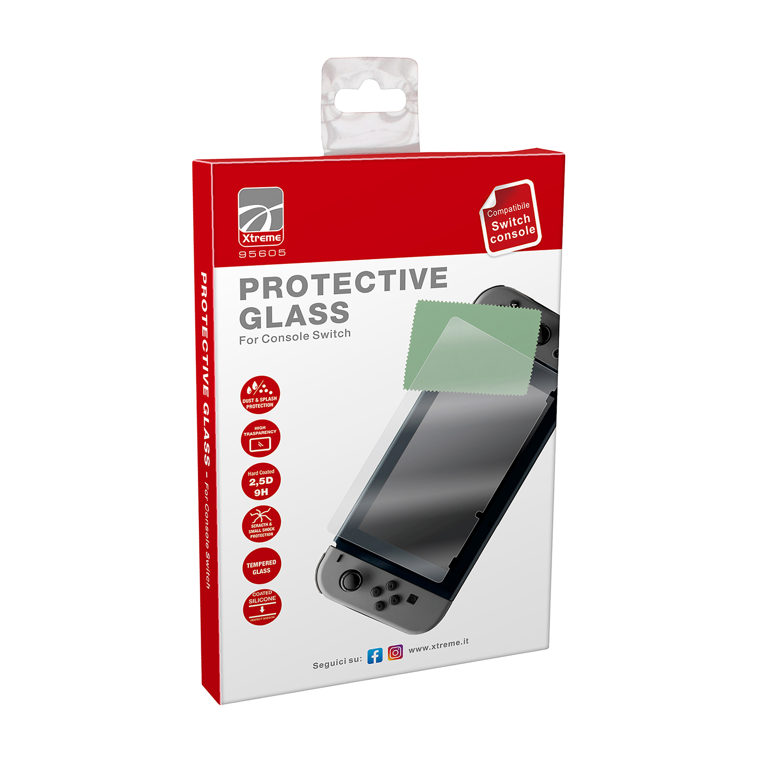 Scatola per protezione schermo Nintendo Switch con caratteristiche.