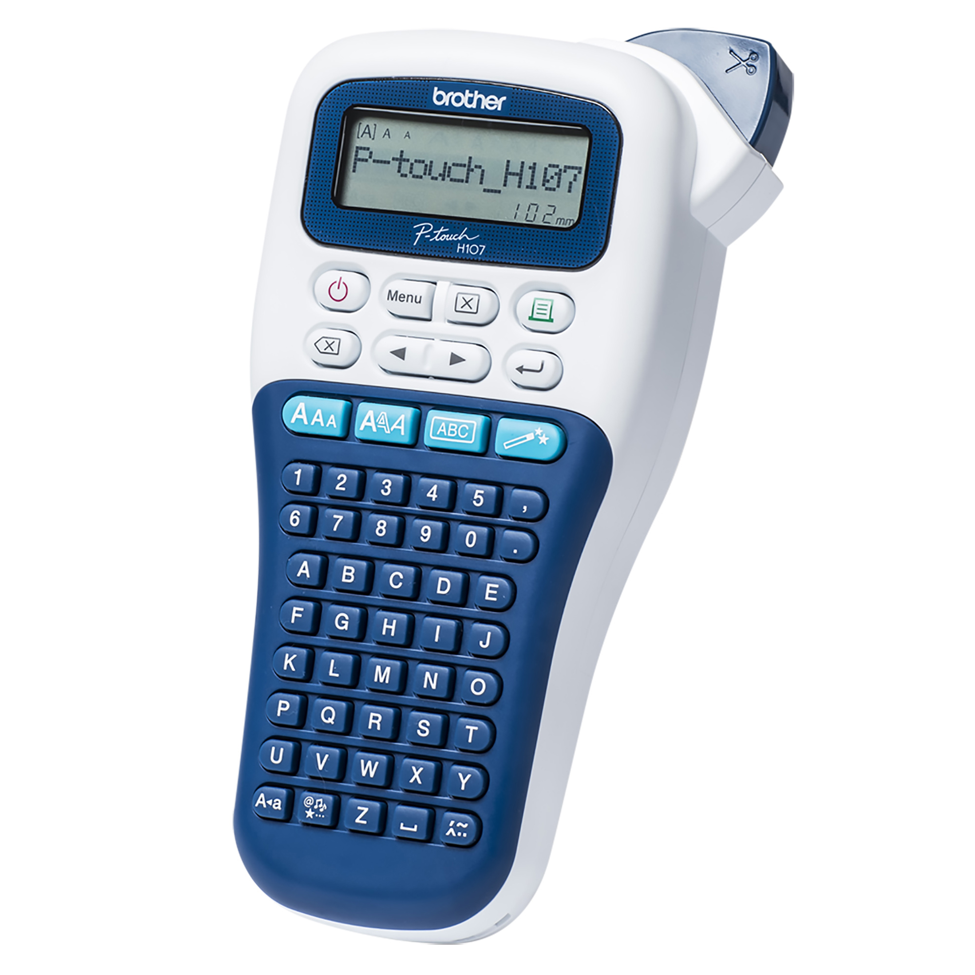 Una macchina per etichette bianca e blu con schermo LCD e tastiera QWERTY.