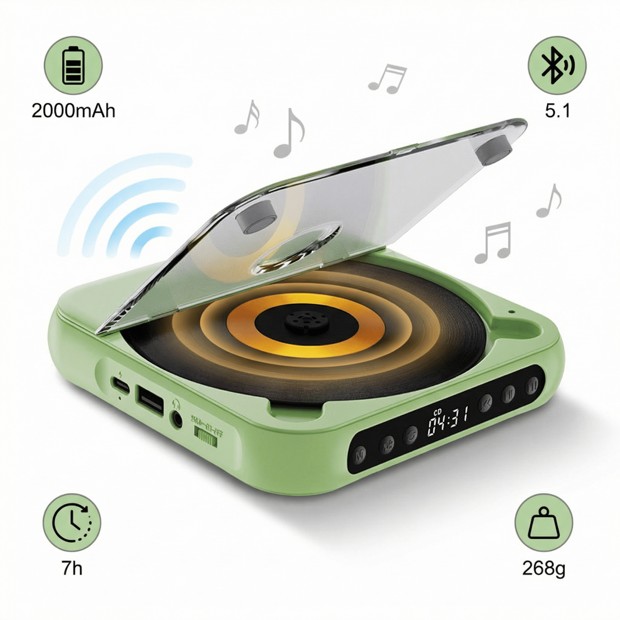 Grüner CD-Player mit offenem Deckel, zeigt 2000mAh Akku, 7h Laufzeit, 268g.