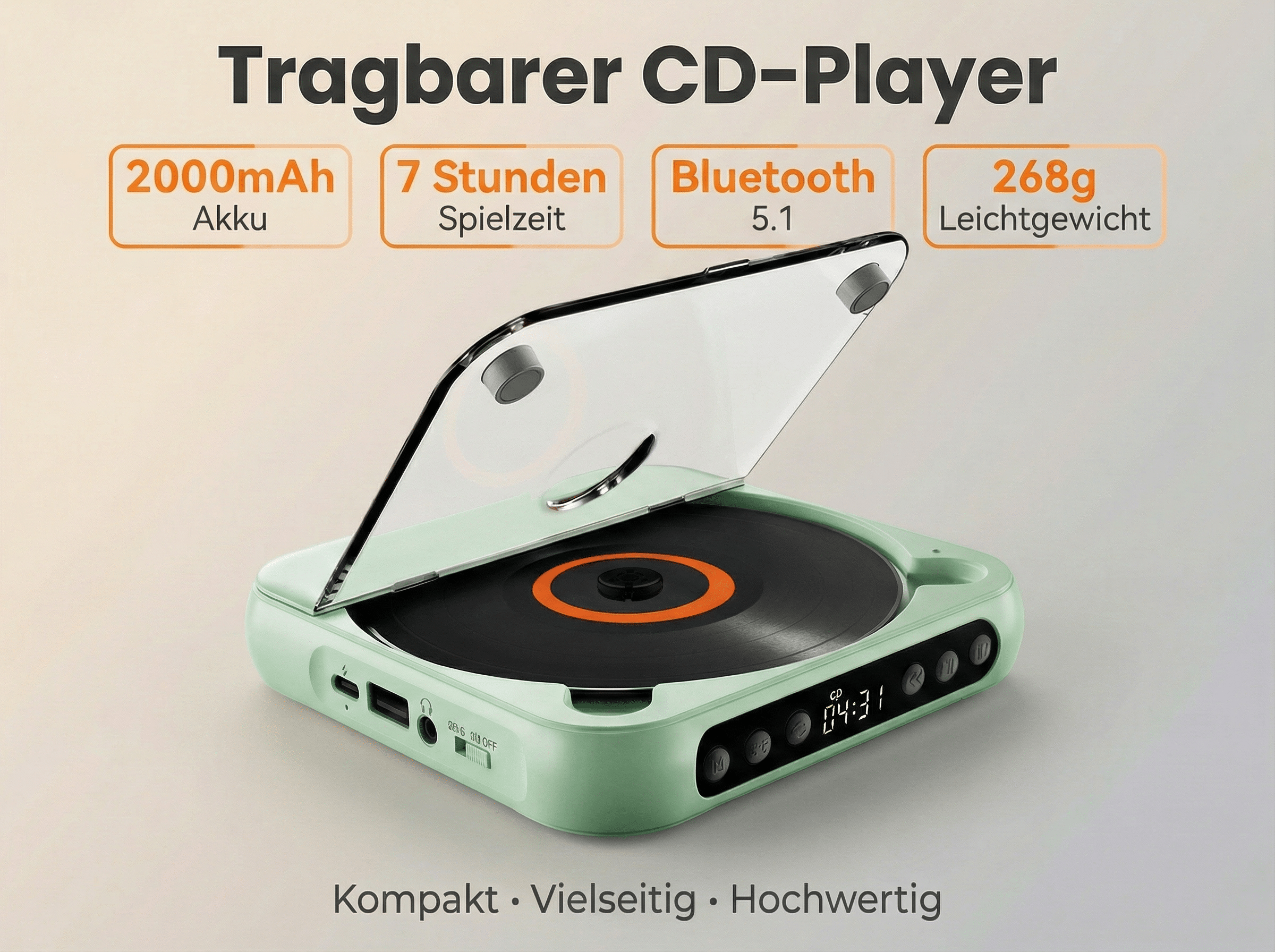 Ein mintgrüner tragbarer CD-Player mit aufklappbarem Deckel, der eine CD zeigt.