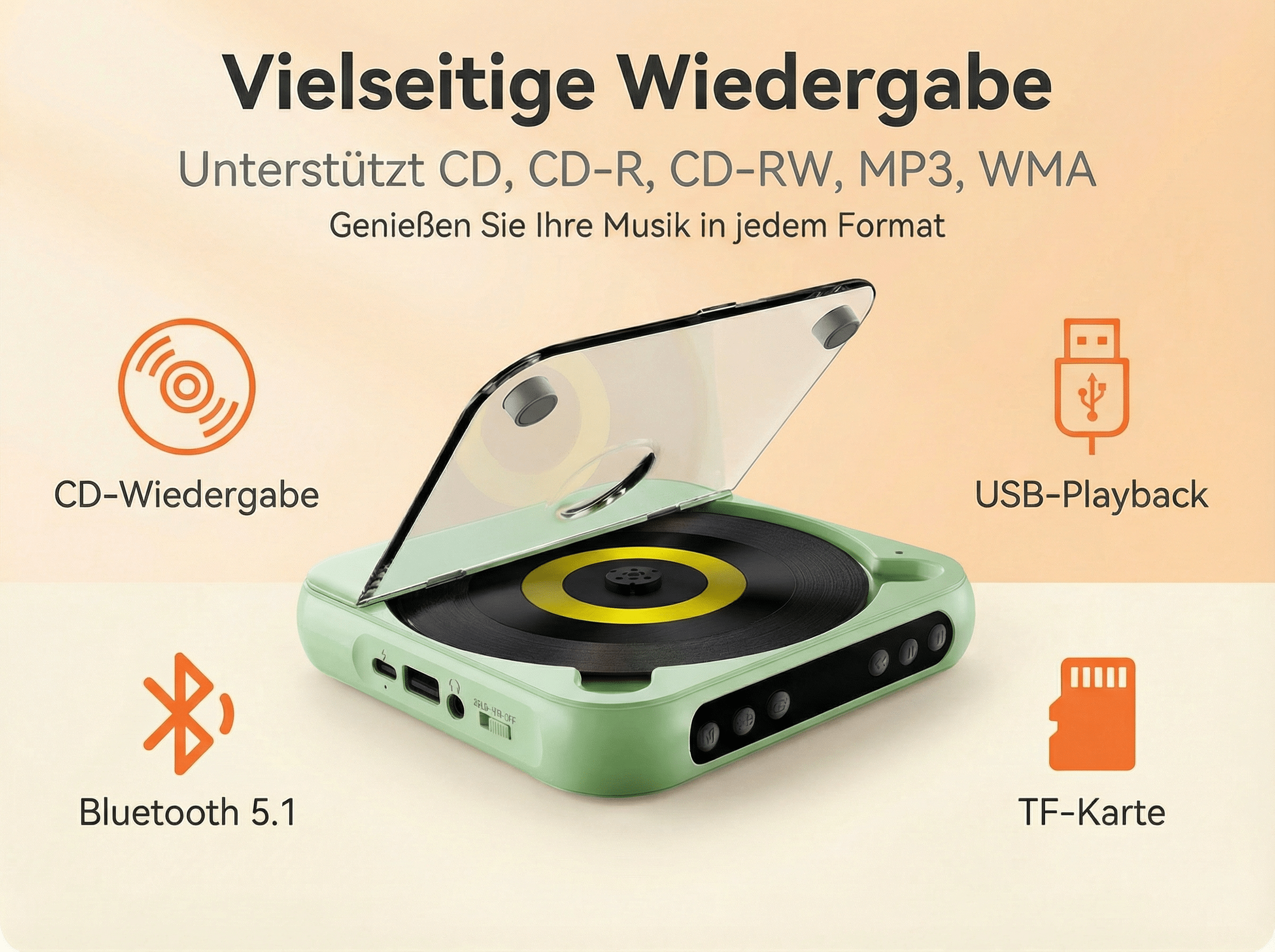 Ein mintgrüner CD-Player im Retro-Look mit offenem Deckel und Vinyl-Optik.