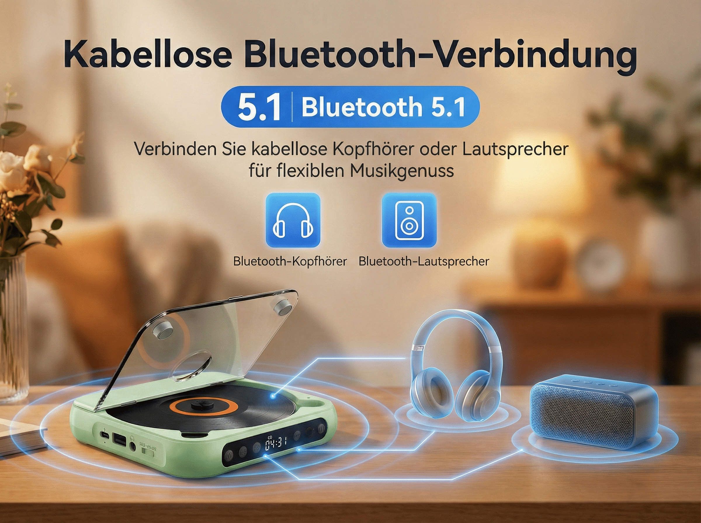 Grüner CD-Player, Kopfhörer und Lautsprecher mit Bluetooth 5.1.