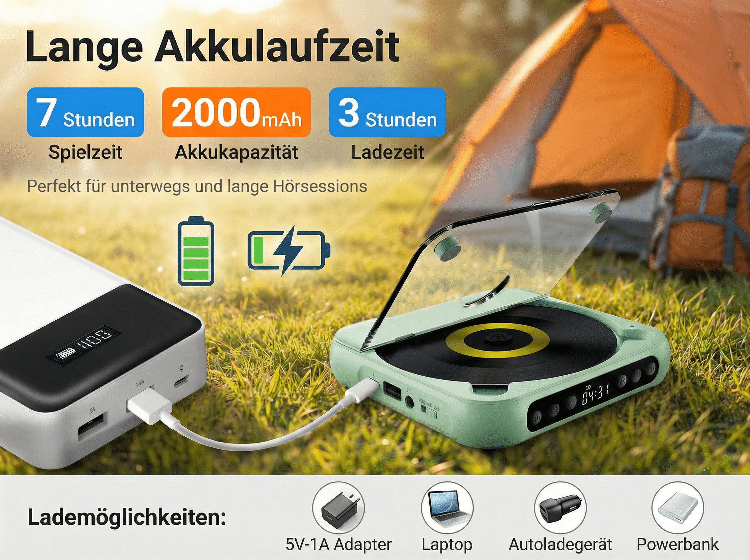 Ein tragbarer CD-Player lädt neben einer Powerbank. Im Hintergrund ein Zelt.