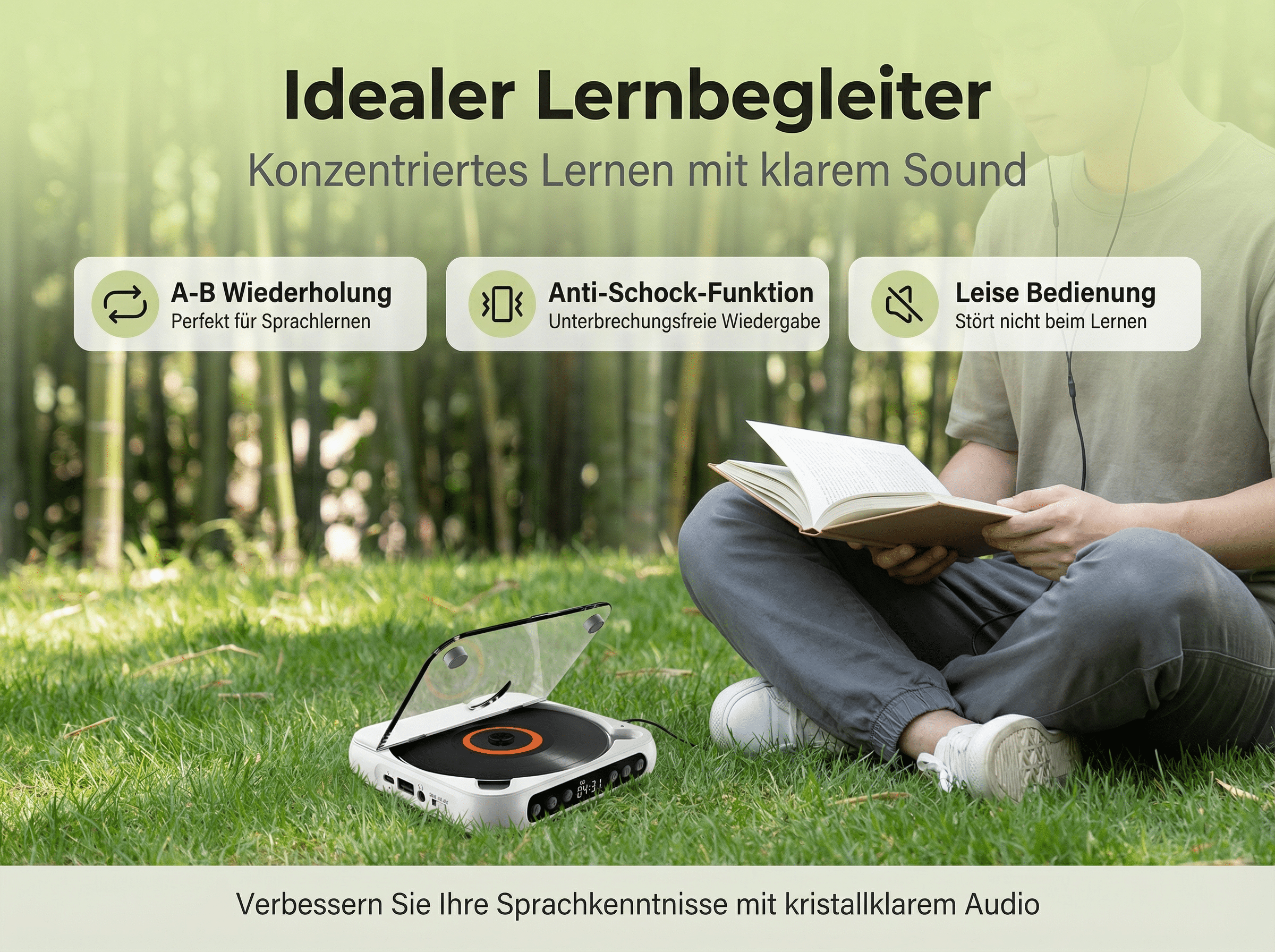 Ein Mann sitzt im Gras und liest ein Buch, daneben ein CD-Player.