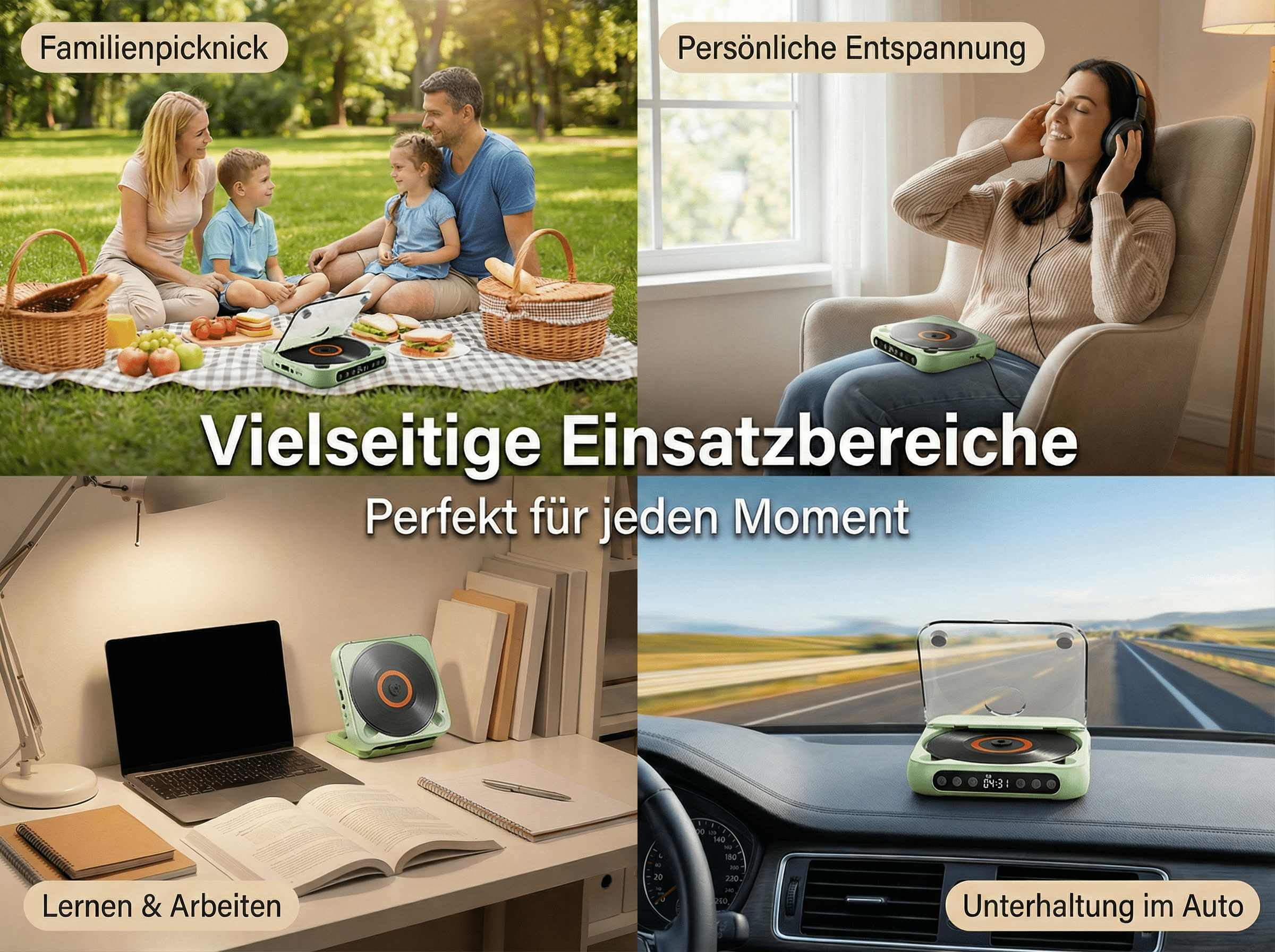 Vier Szenen: Familie im Park, Frau hört Musik, Schreibtisch, Auto. Vielseitig einsetzbar.