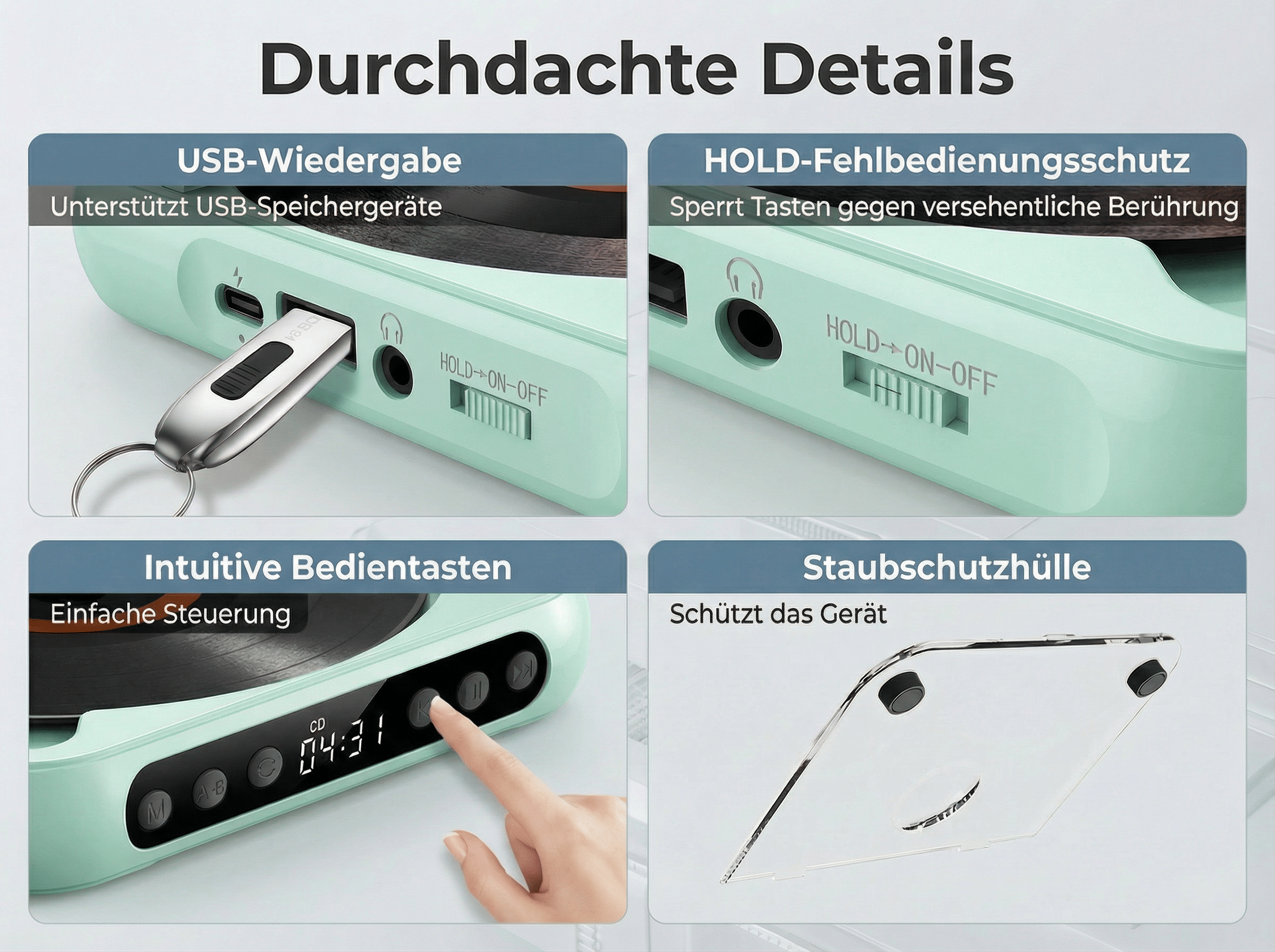 Ein mintgrünes Gerät mit USB-Anschluss, Bedienelementen und Schutzhülle.