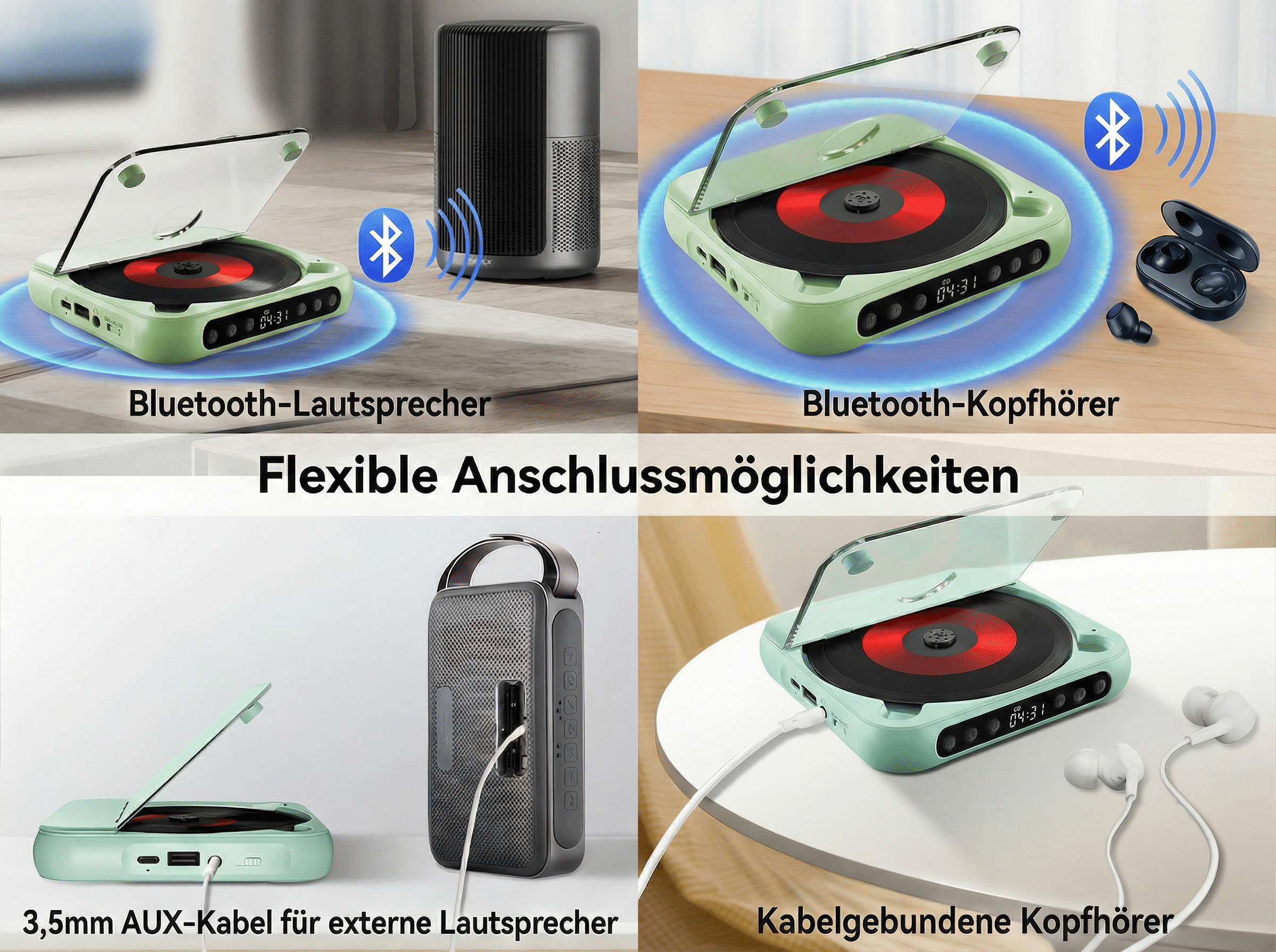 Grüner Plattenspieler mit Bluetooth-Symbol und Lautsprecher.