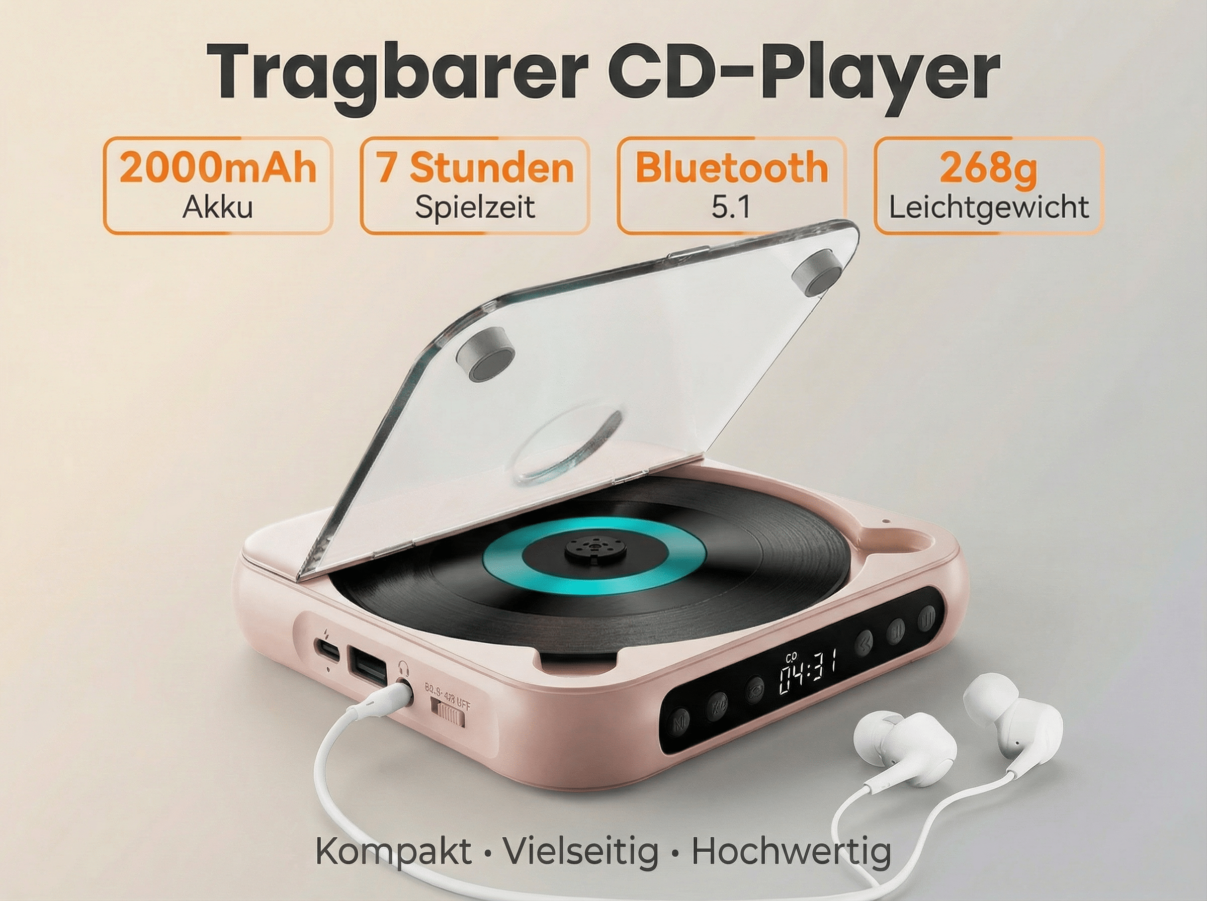 Ein rosafarbener tragbarer CD-Player mit aufklappbarem Deckel, Kopfhörern und CD.