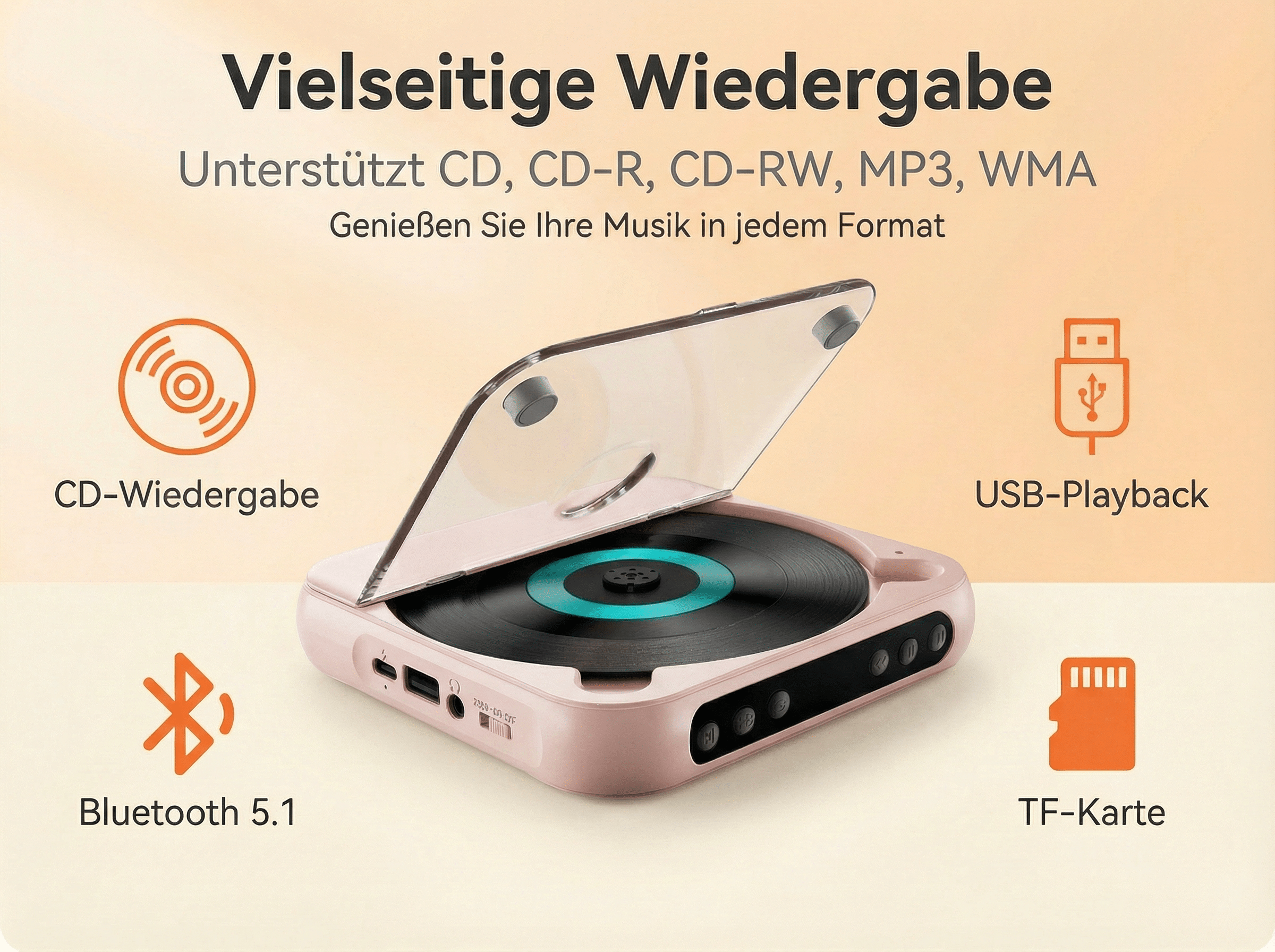 Ein rosafarbener Plattenspieler mit geöffnetem Deckel, der CDs, USB, Bluetooth und TF-Karten unterstützt.