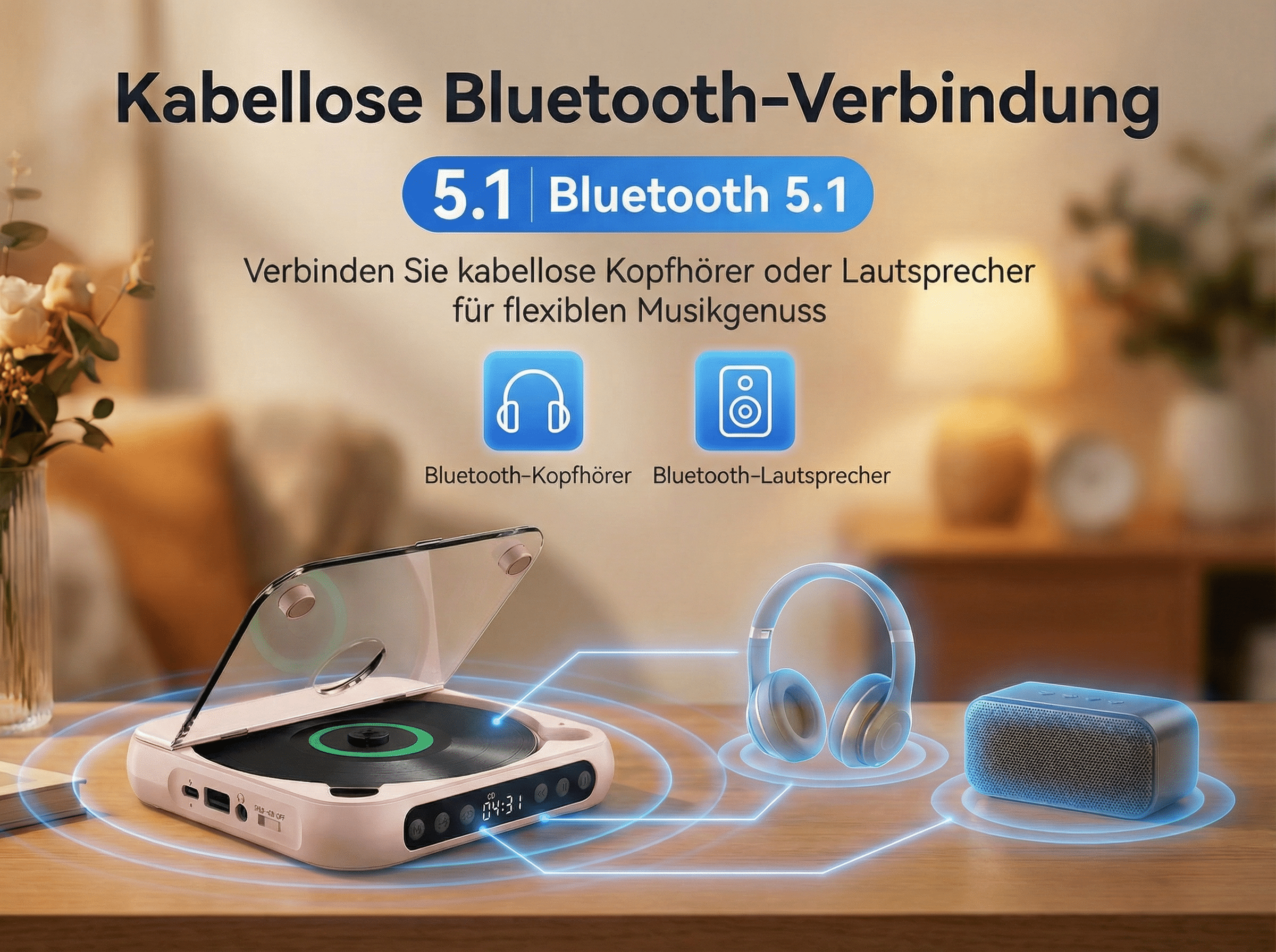 CD-Player mit Kopfhörern und Lautsprecher, Bluetooth 5.1 Verbindung.