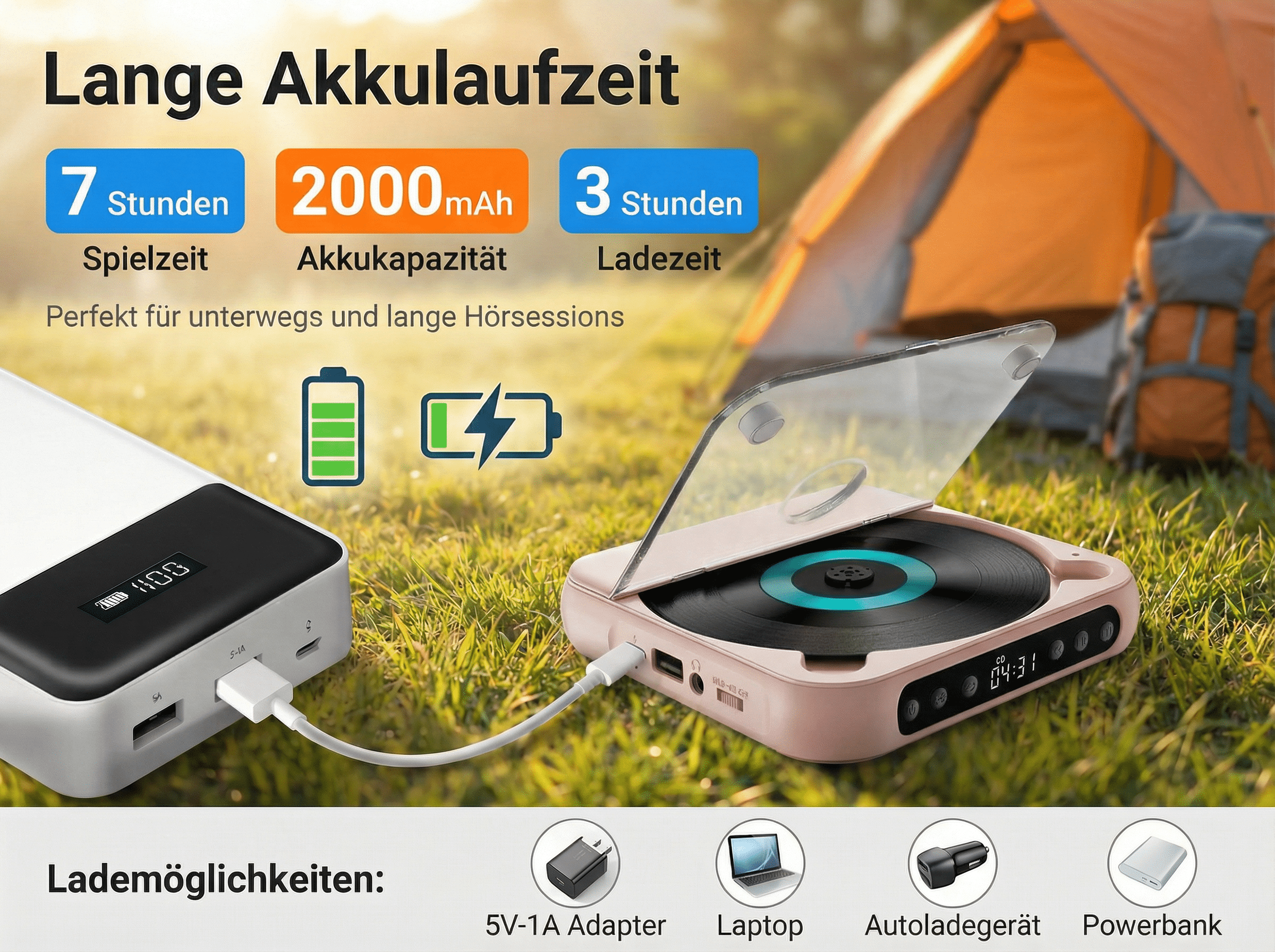Ein tragbarer CD-Player und eine Powerbank im Freien mit einem Zelt im Hintergrund.