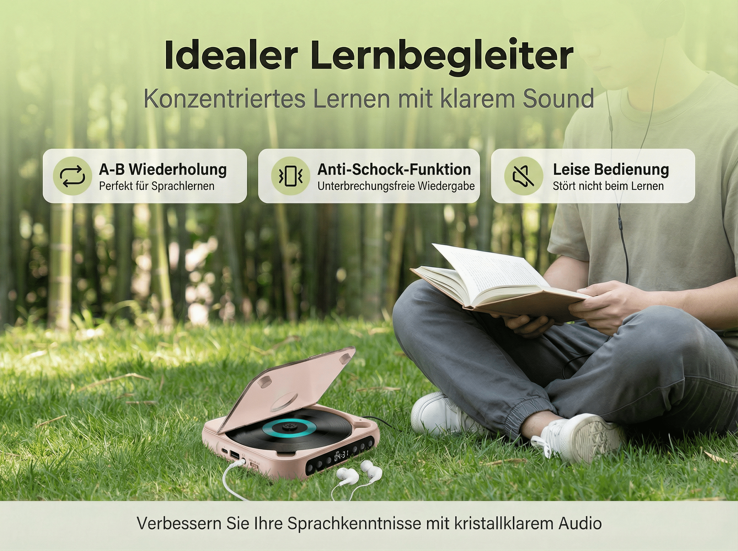 Person hört Musik mit Kopfhörern, ein CD-Player liegt auf dem Rasen.