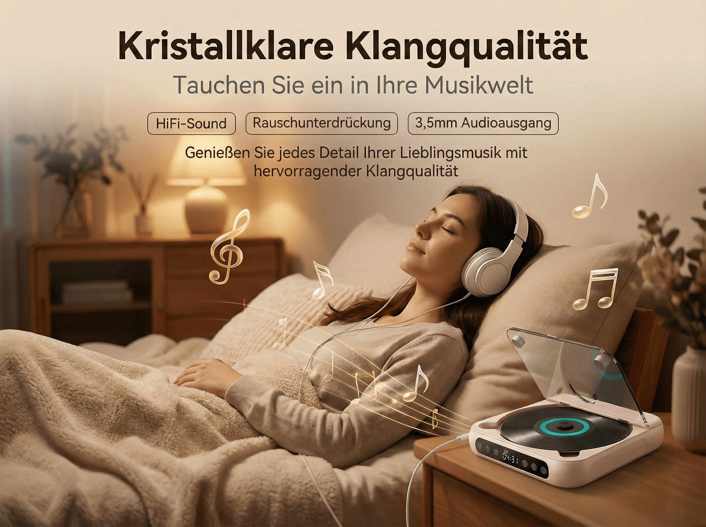 Frau mit Kopfhörern entspannt im Bett, Musiknoten schweben um sie herum.