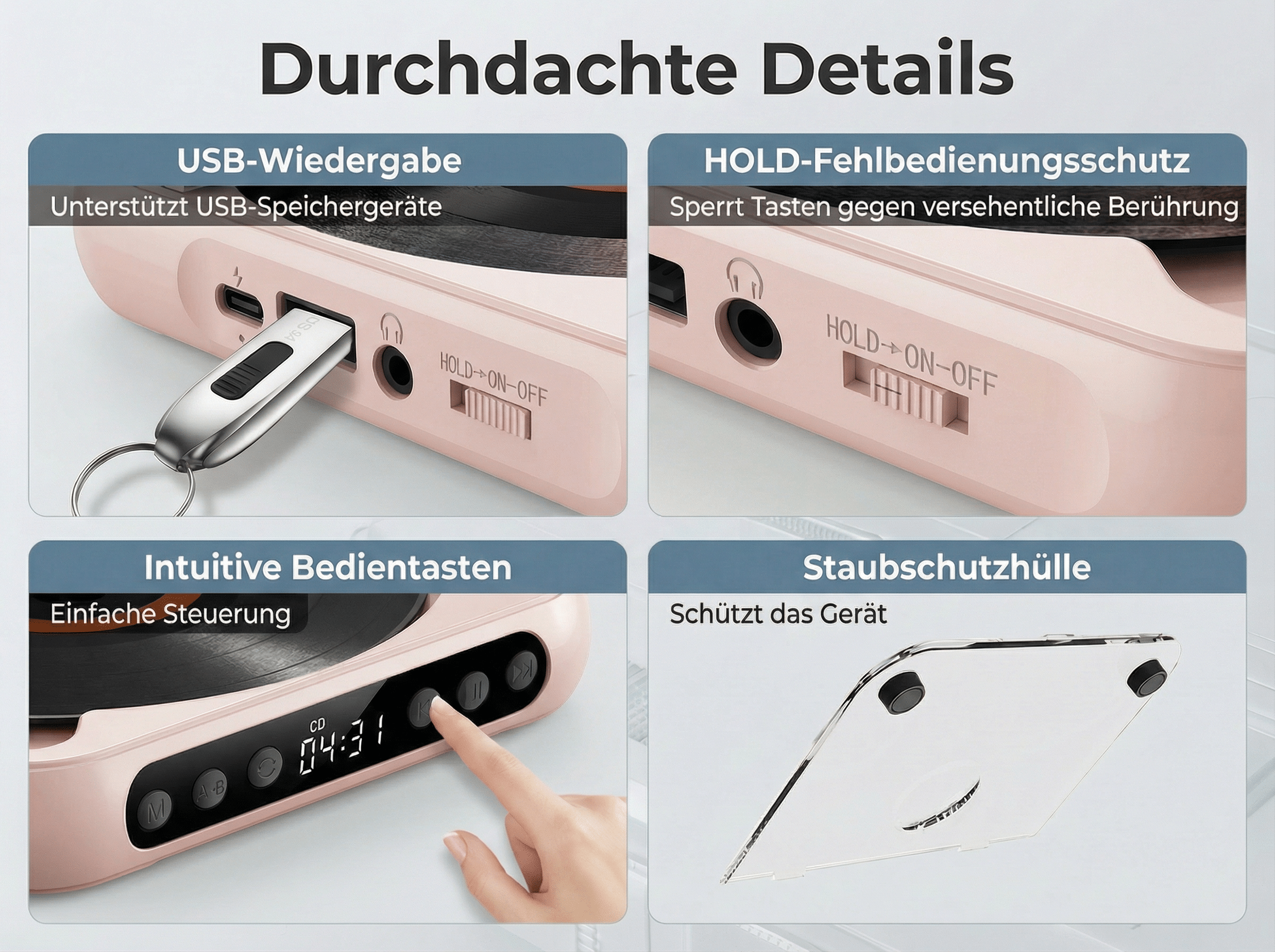 Ein rosafarbener Plattenspieler mit USB-Anschluss, Bedienelementen und Staubschutz.