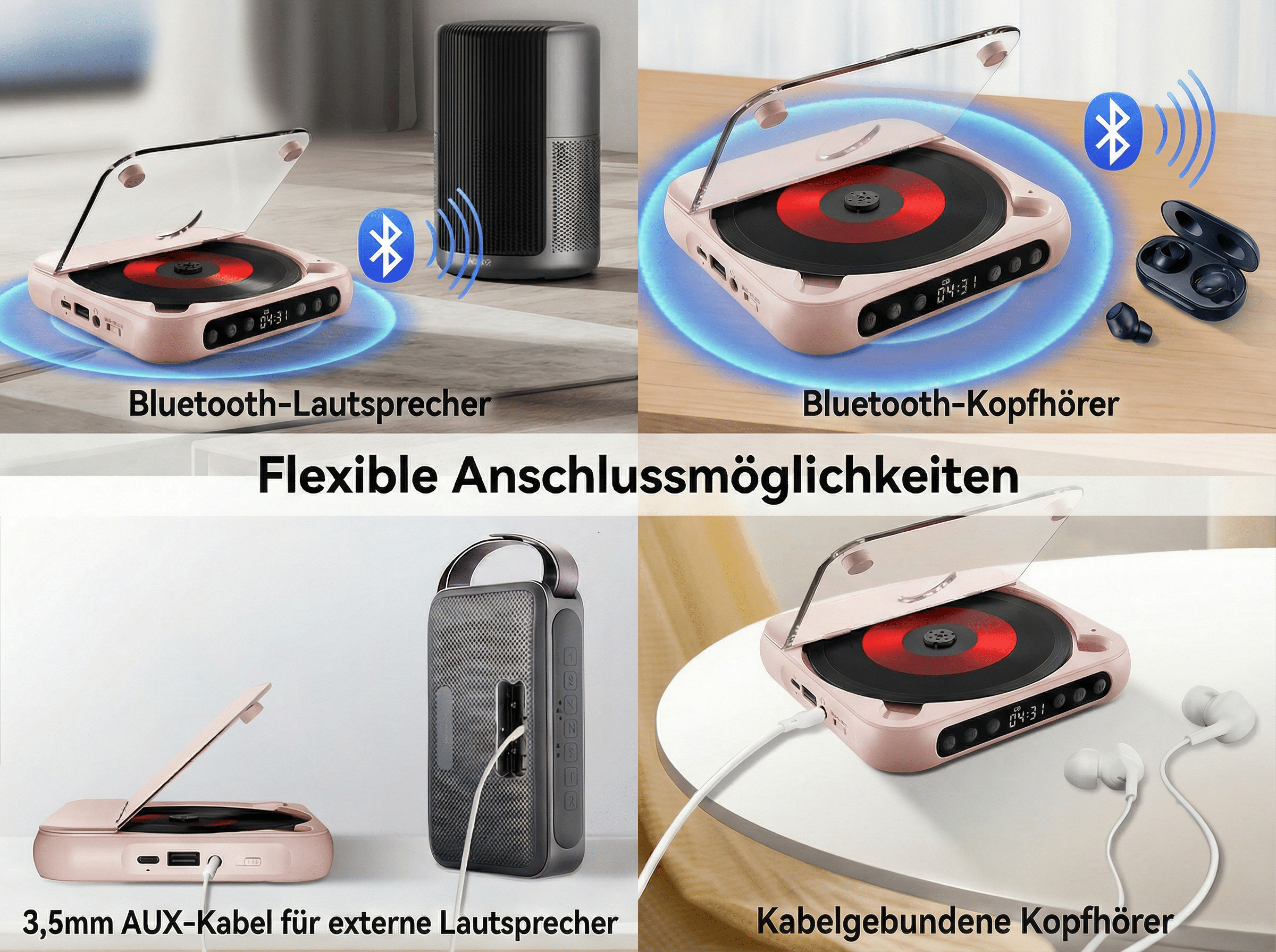 Rosafarbener CD-Player verbindet sich per Bluetooth mit Lautsprecher und Kopfhörern.