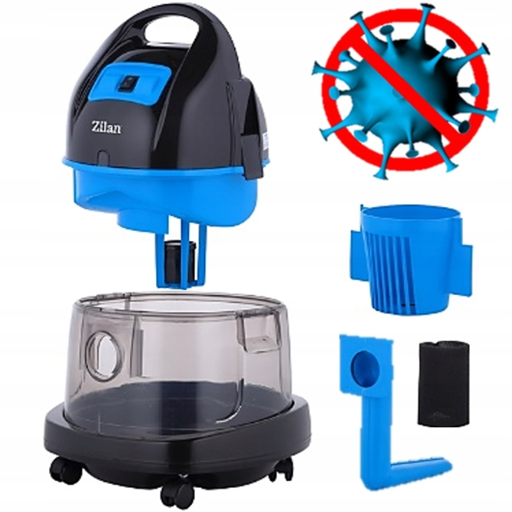 Niebieski i czarny odkurzacz z akcesoriami i symbolem wirusa.