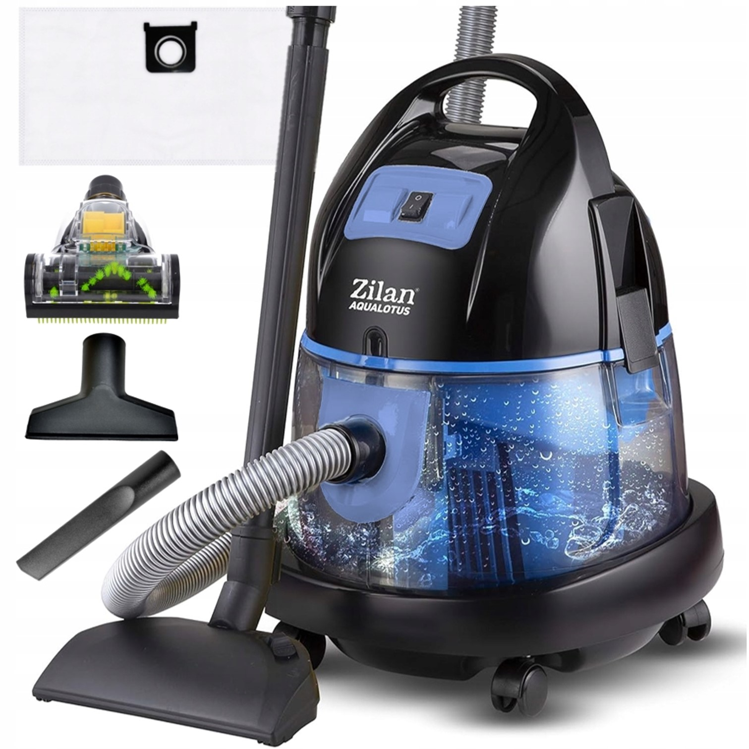 Czarny odkurzacz z niebieskim zbiornikiem na wodę i akcesoria.