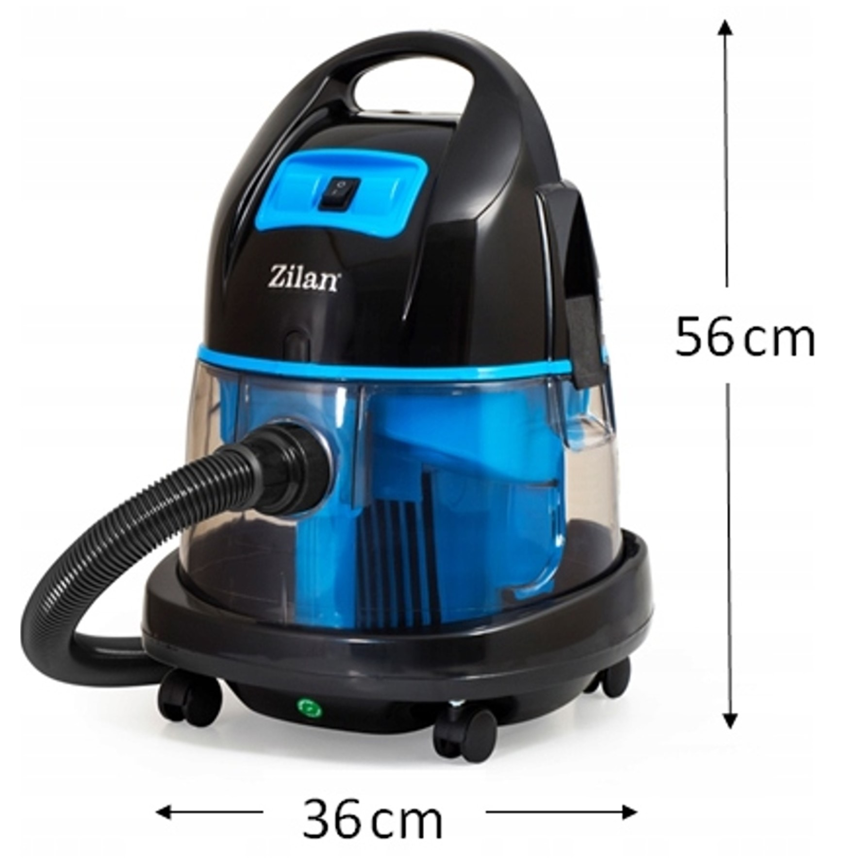 Czarny odkurzacz z niebieskim zbiornikiem i wężem. Wymiary: 56x36cm.