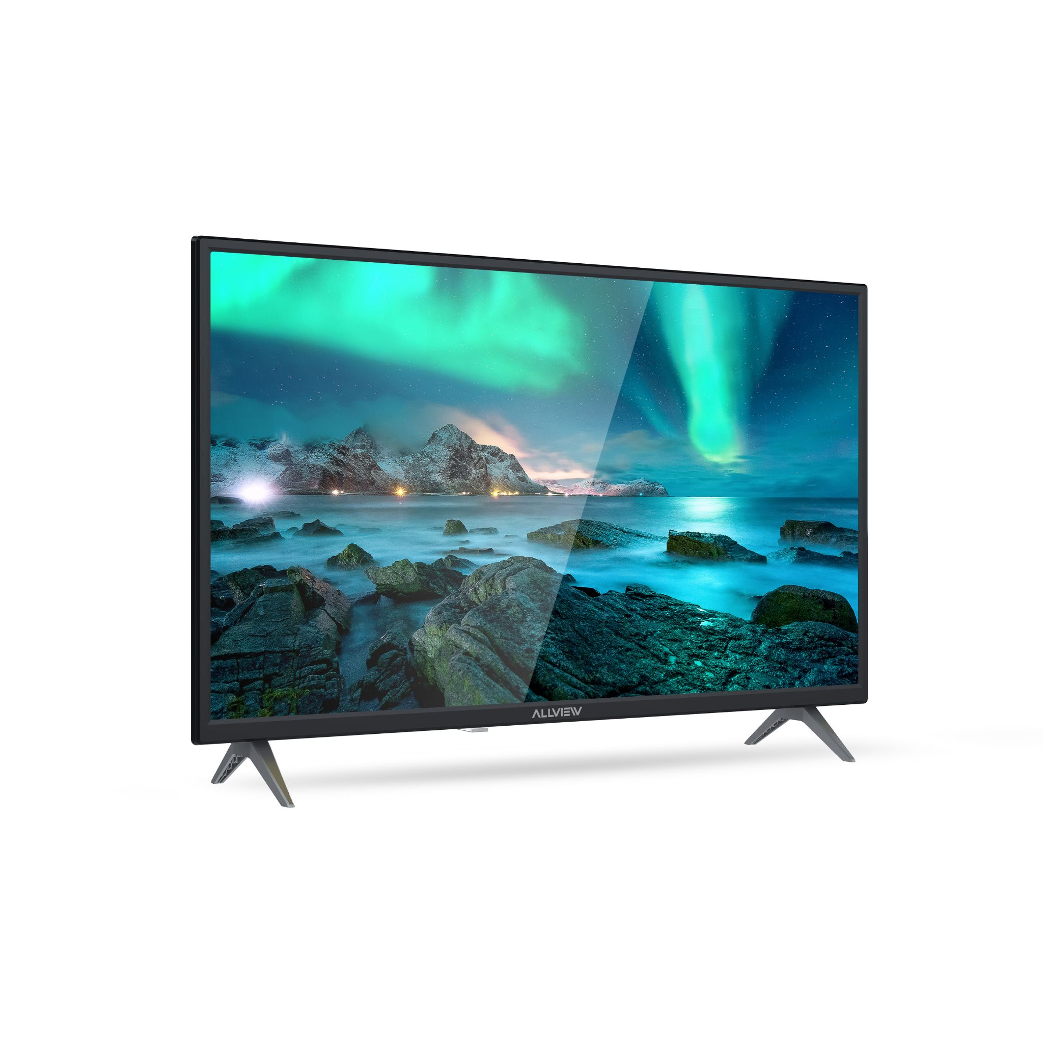 Ein Fernseher zeigt die Nordlichter über felsiger Küste.