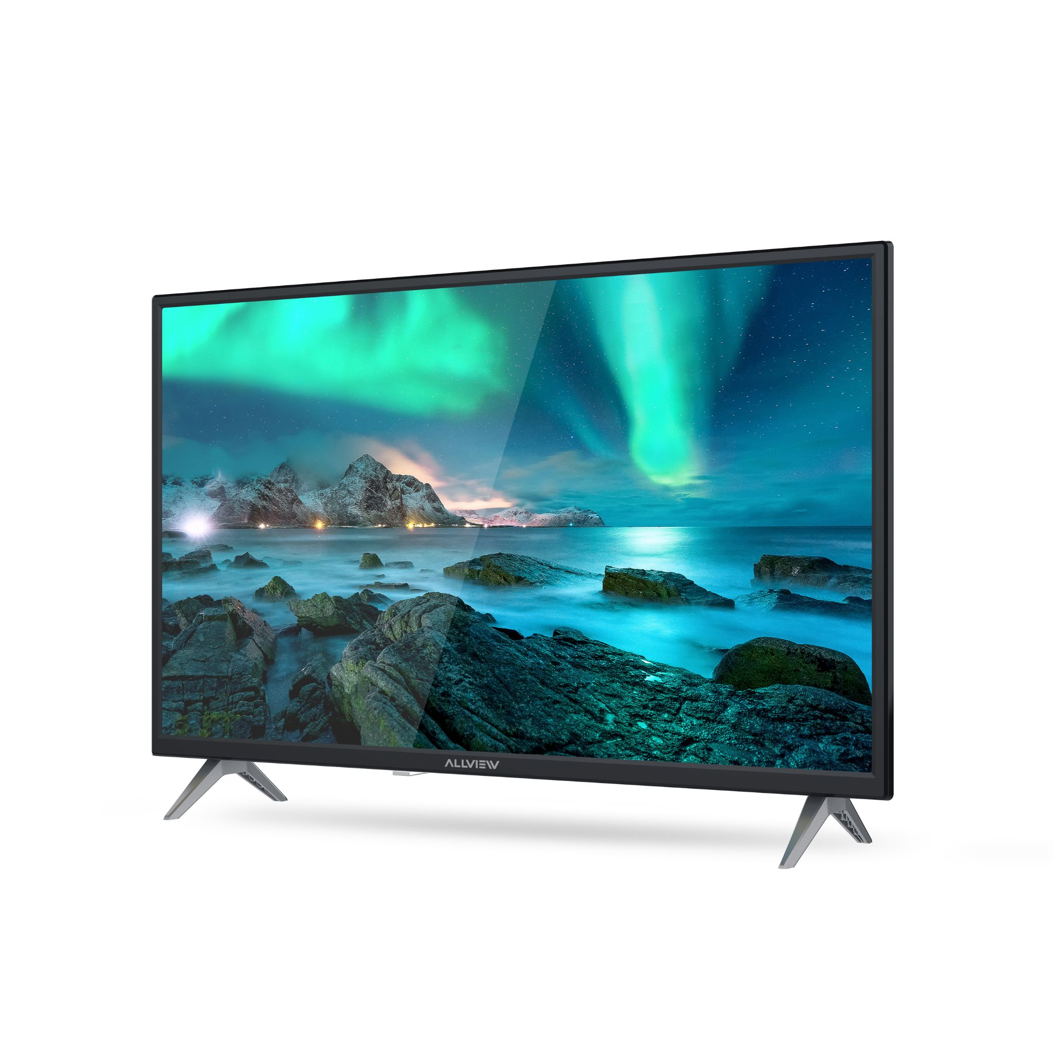 Ein Fernseher zeigt die Nordlichter über einem felsigen Meer.