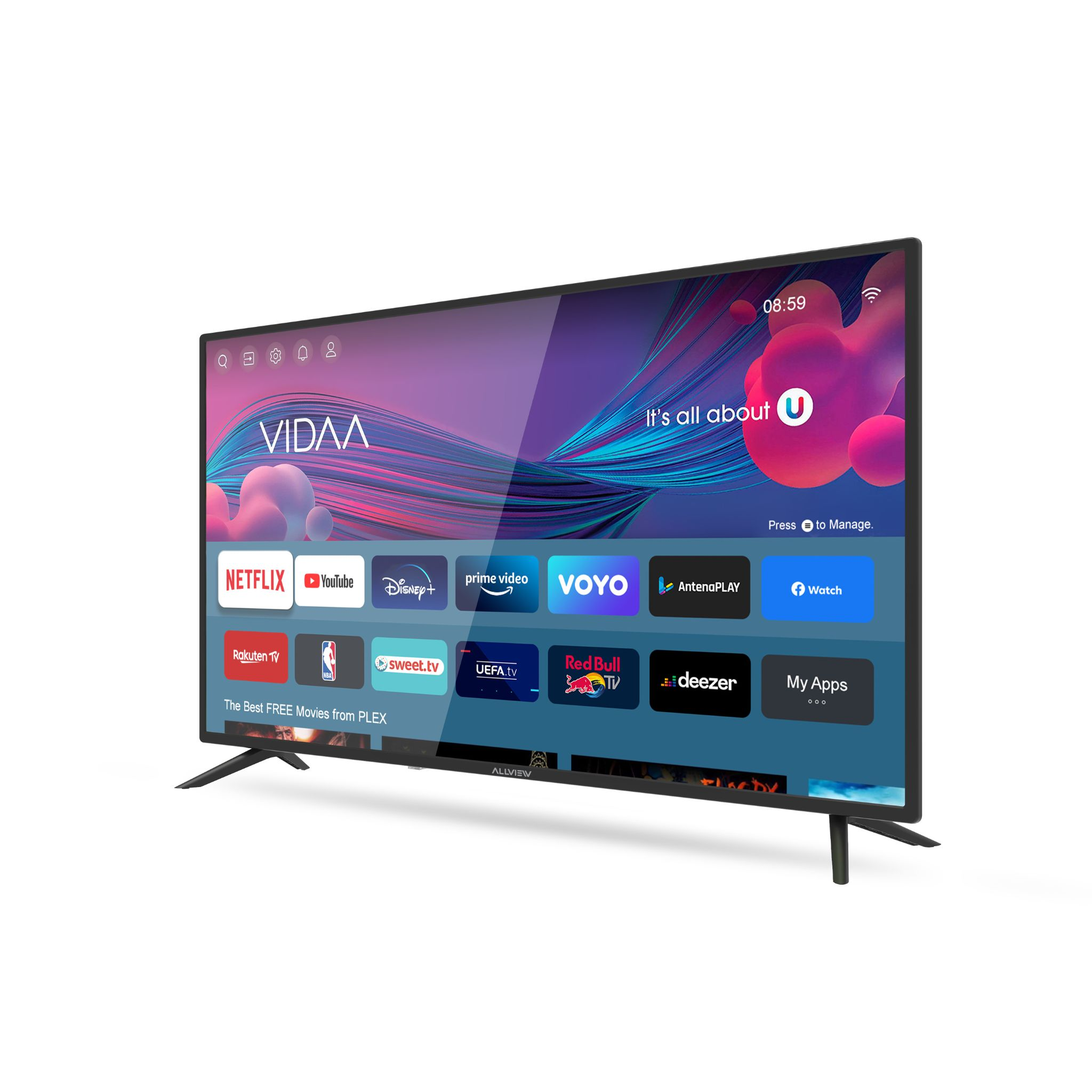 Ein moderner Smart-TV zeigt eine bunte Oberfläche mit App-Symbolen wie Netflix, YouTube und Prime Video.