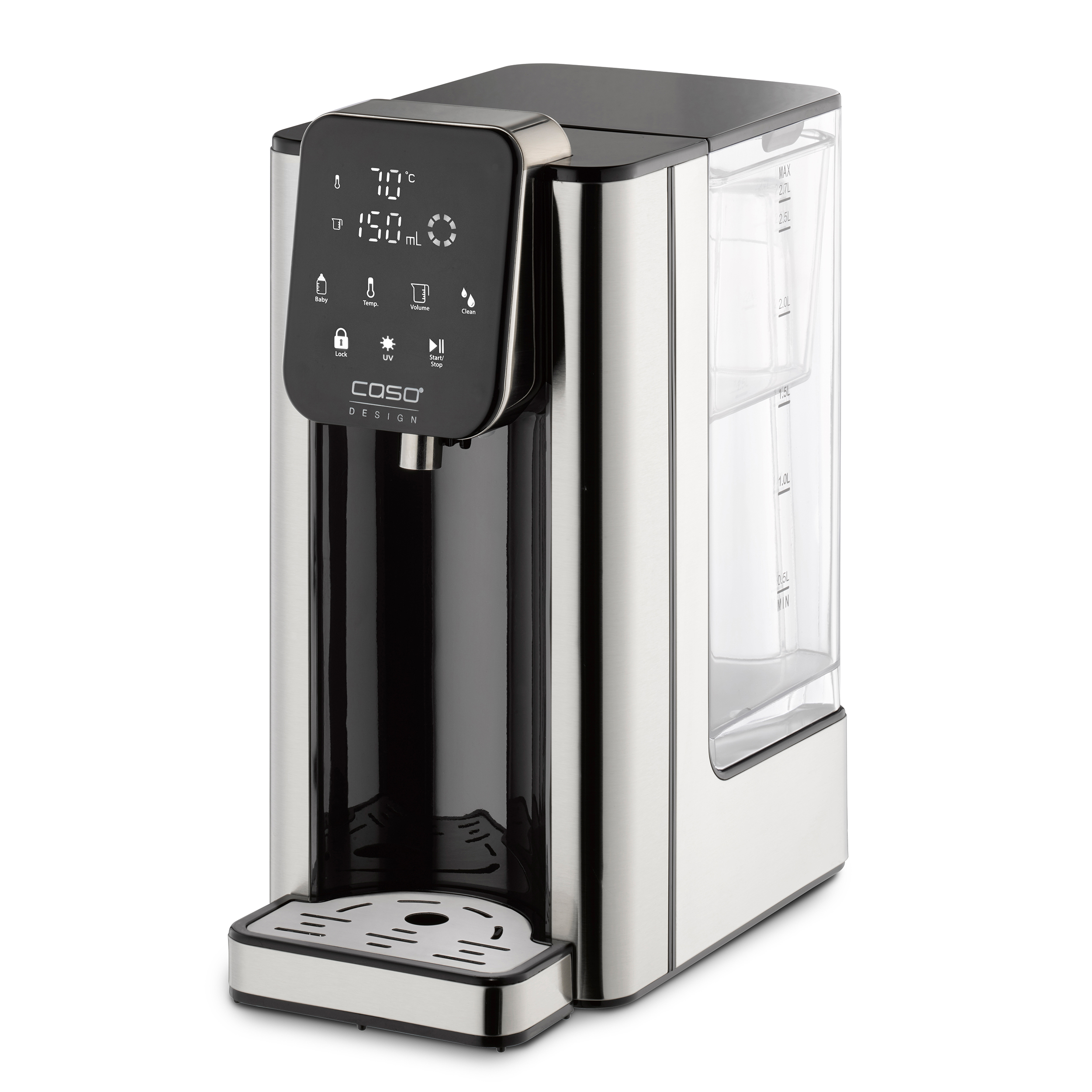 Ein silberner und schwarzer Wasserspender mit digitalem Display und Wassertank.