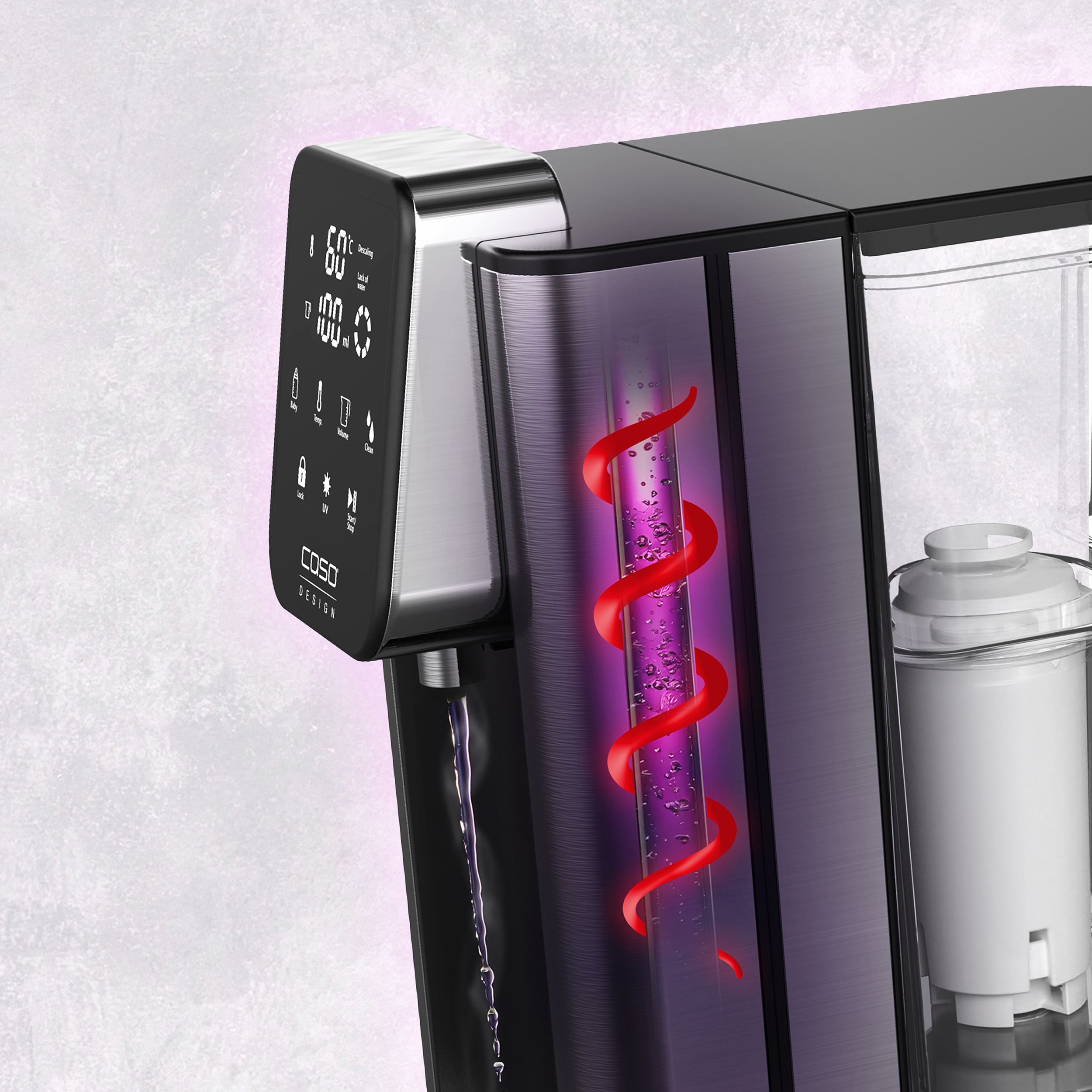 Wasserspender mit digitalem Display, roter Spirale und Filter.