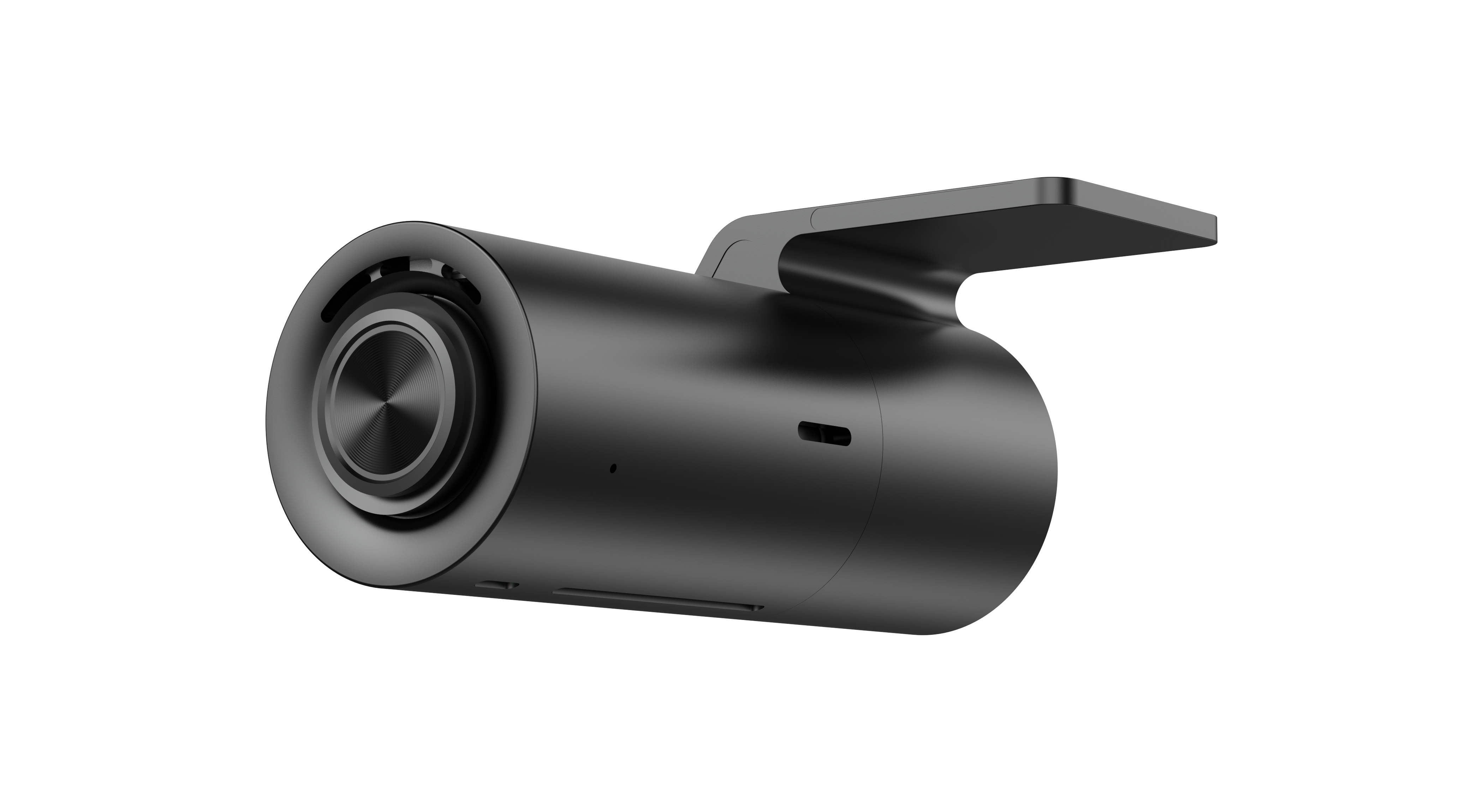 Ein schwarzer, zylindrischer Dashcam-Recorder mit einer Linse und einem Halter.