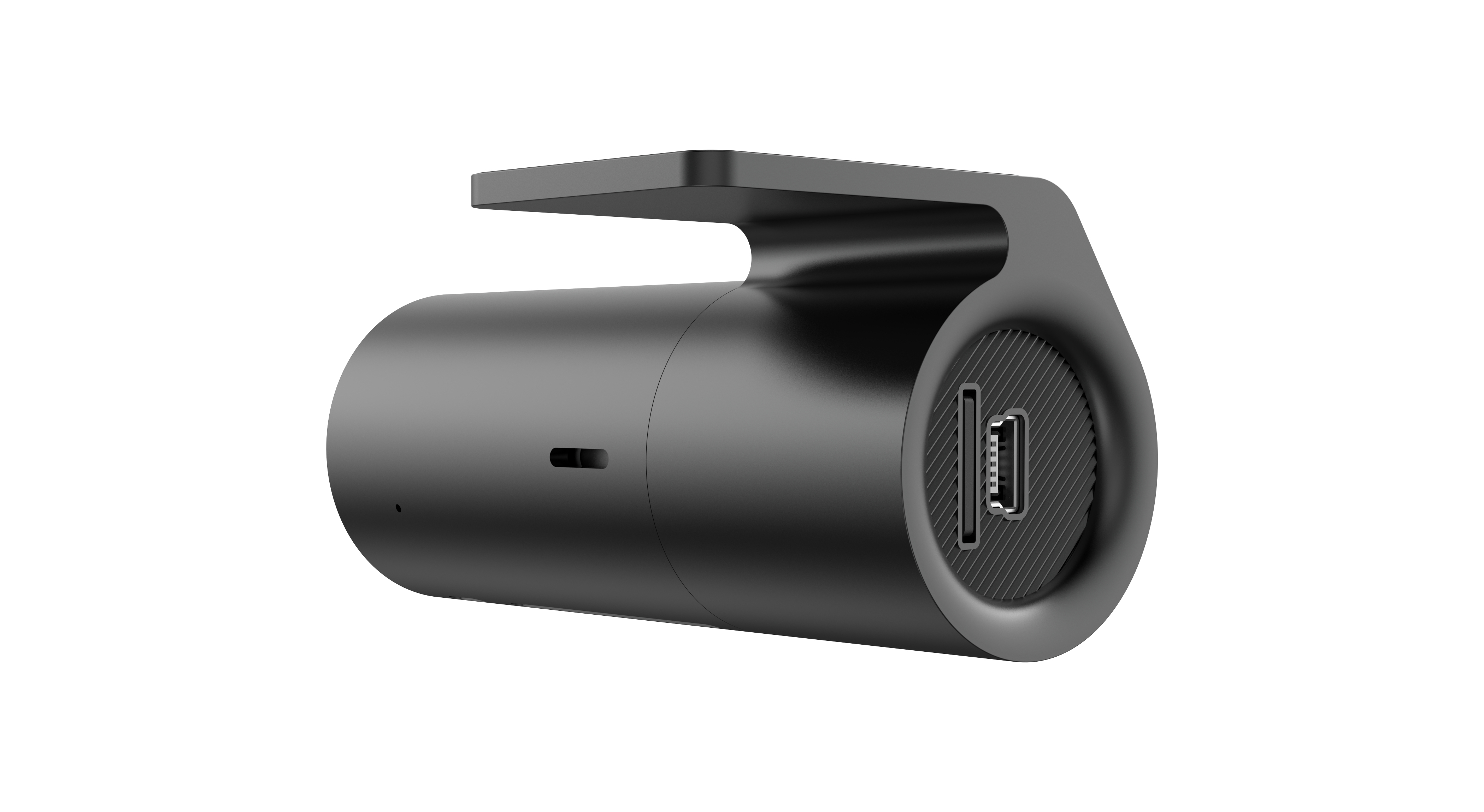 Schwarzer zylindrischer Gegenstand mit einem USB-C-Anschluss und einer Halterung.