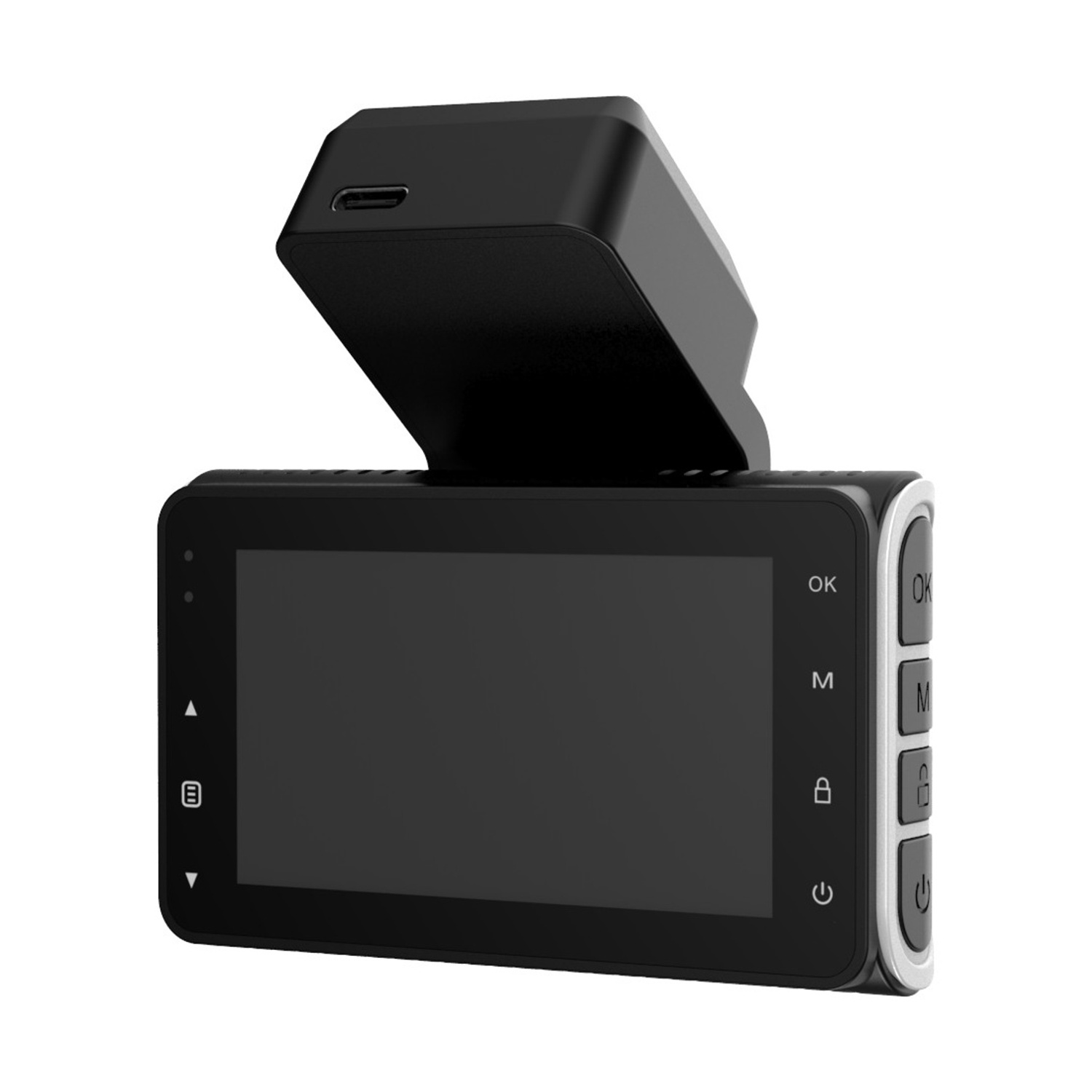Un registratore da cruscotto nero con schermo e pulsanti di controllo.