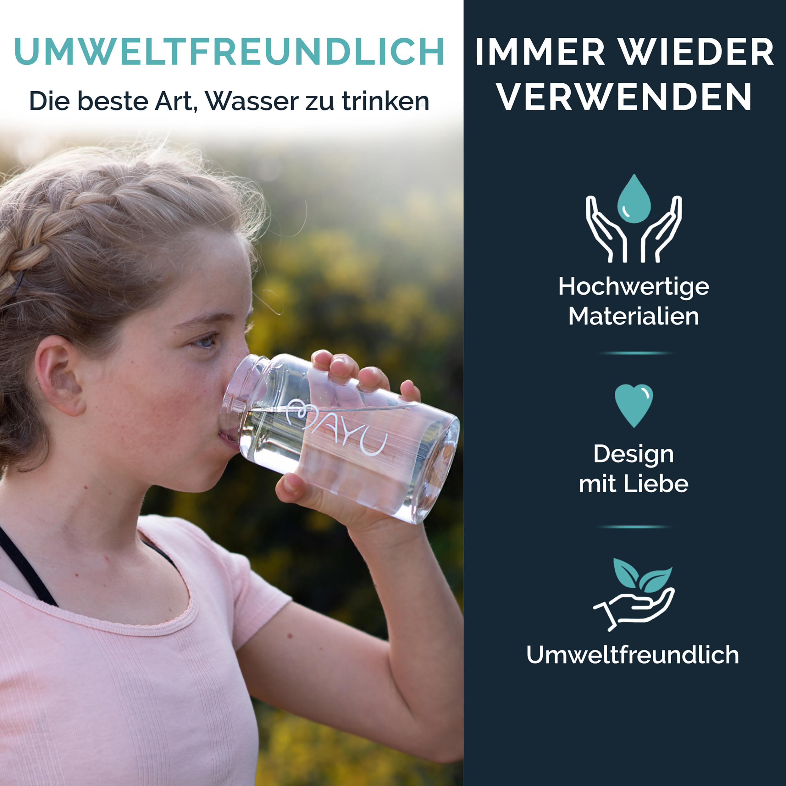 Ein Mädchen trinkt aus einer Glasflasche mit dem Schriftzug MAYU. Im Hintergrund ist Grün.