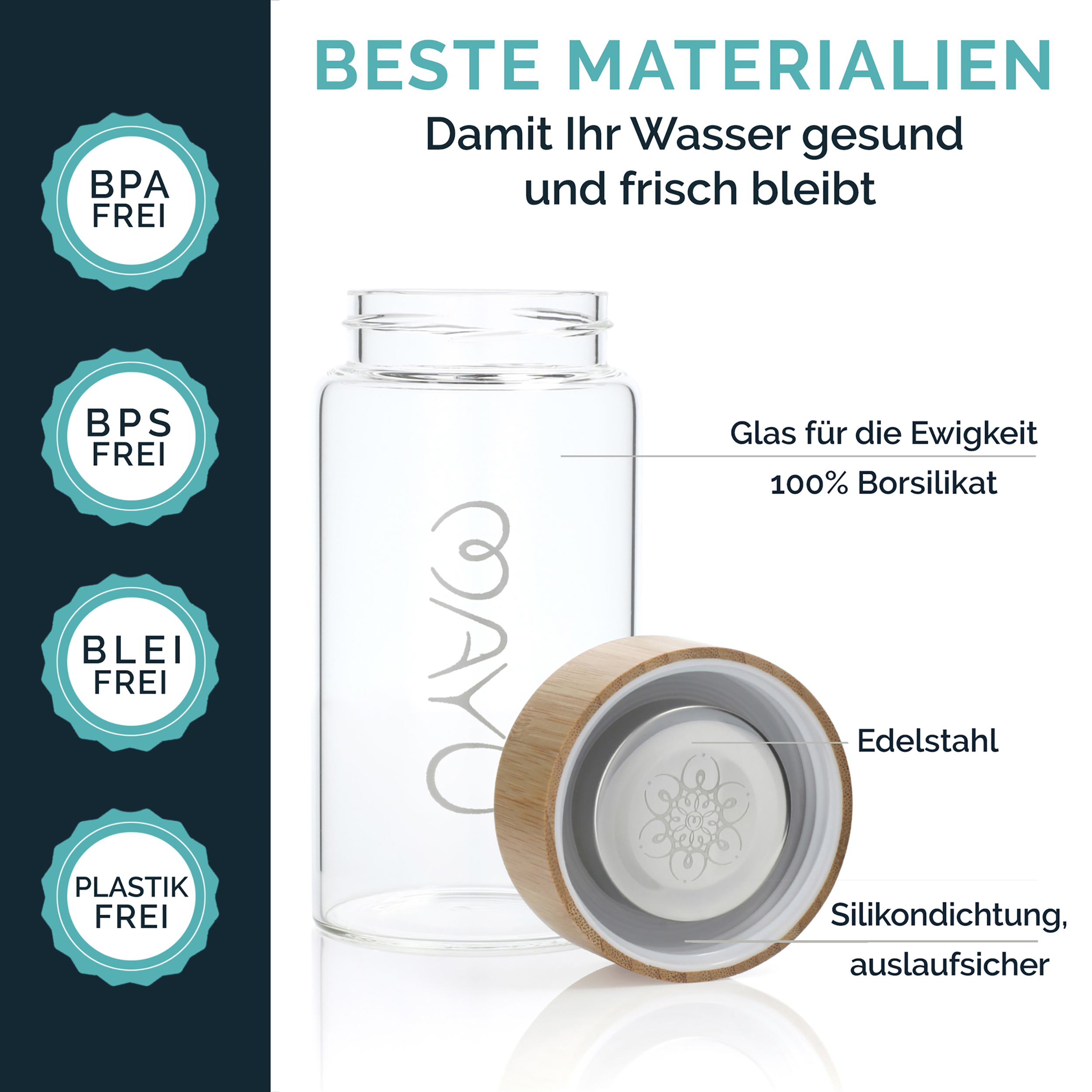 Glasflasche mit Bambusdeckel, BPA/BPS/Blei/Plastik frei. Edelstahl.
