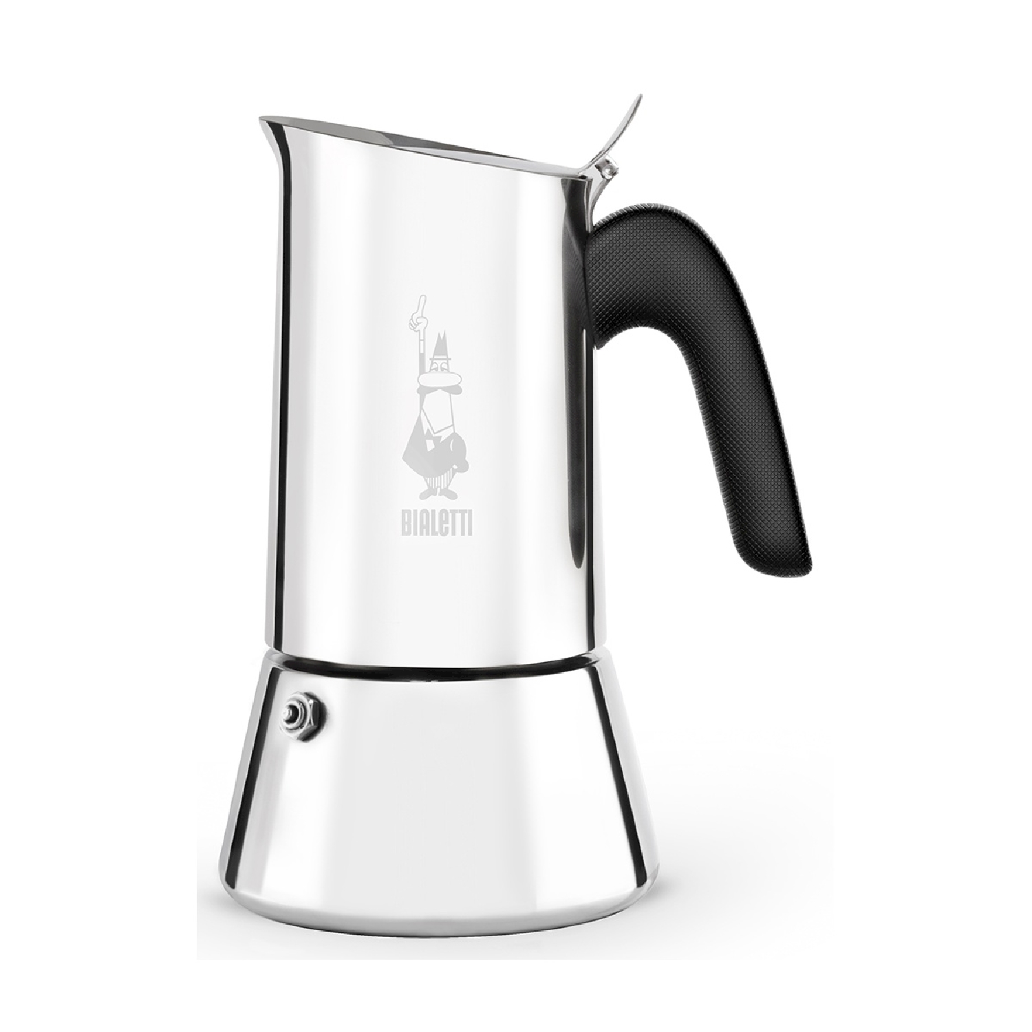 Olla de espresso plateada brillante con mango negro y logo Bialetti.