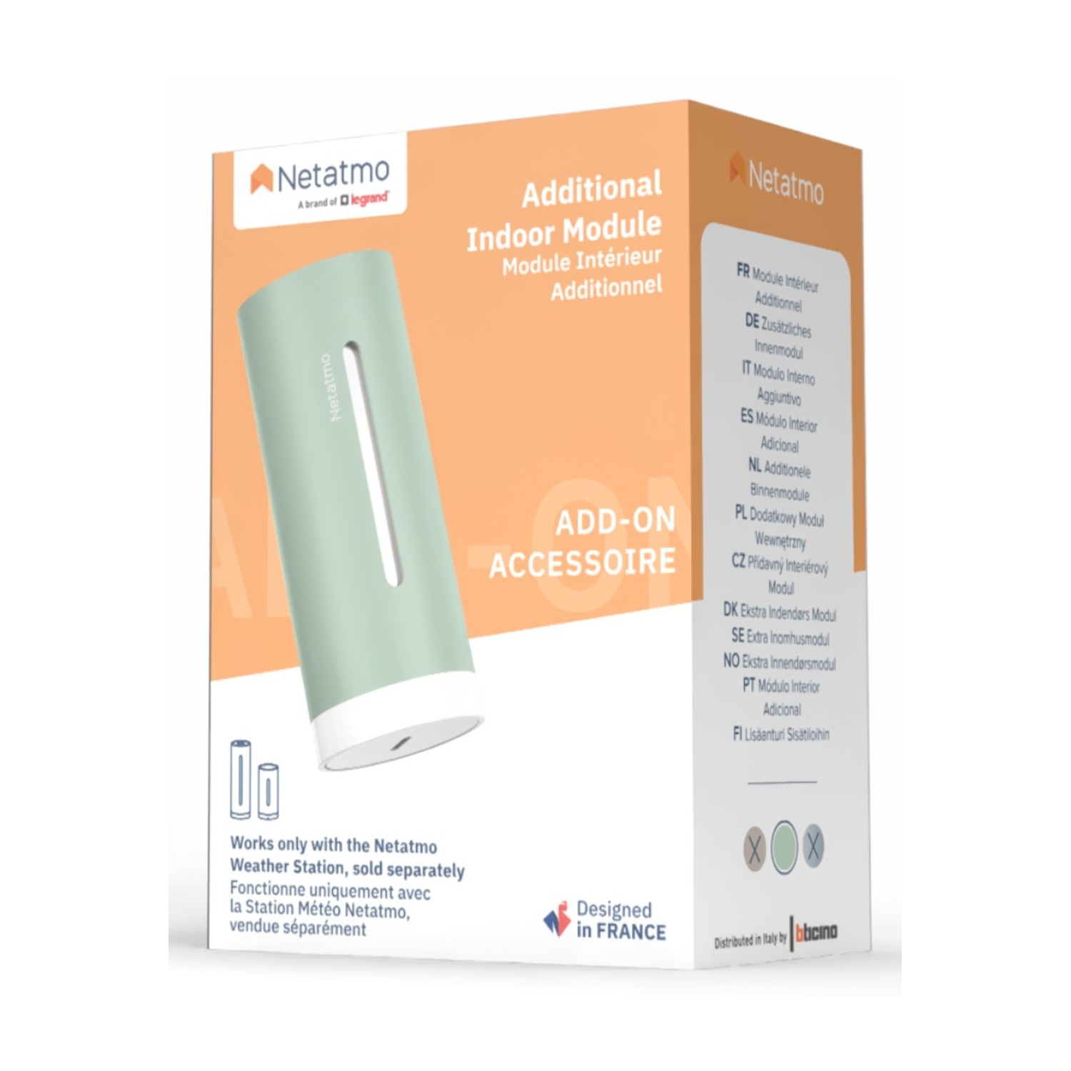 Verpackung für ein Netatmo Innenmodul. Hellgrünes Modul mit weißem Sockel.