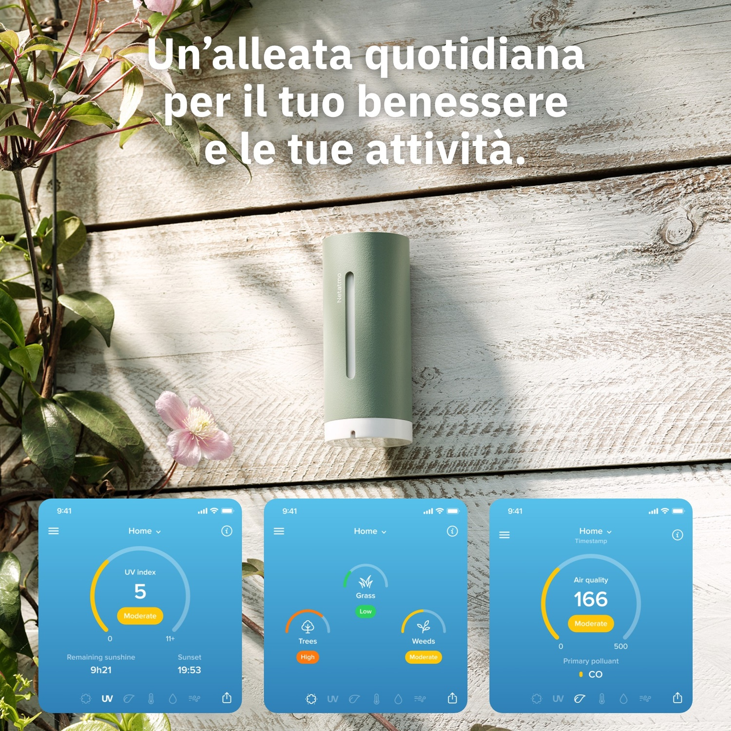 Ein grünes Gerät misst Luftqualität, UV und Wetterdaten, angezeigt auf drei Smartphone-Bildschirmen.