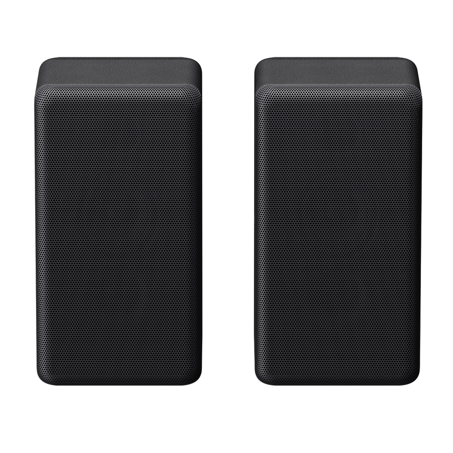 Dos altavoces negros rectangulares uno al lado del otro sobre fondo blanco.