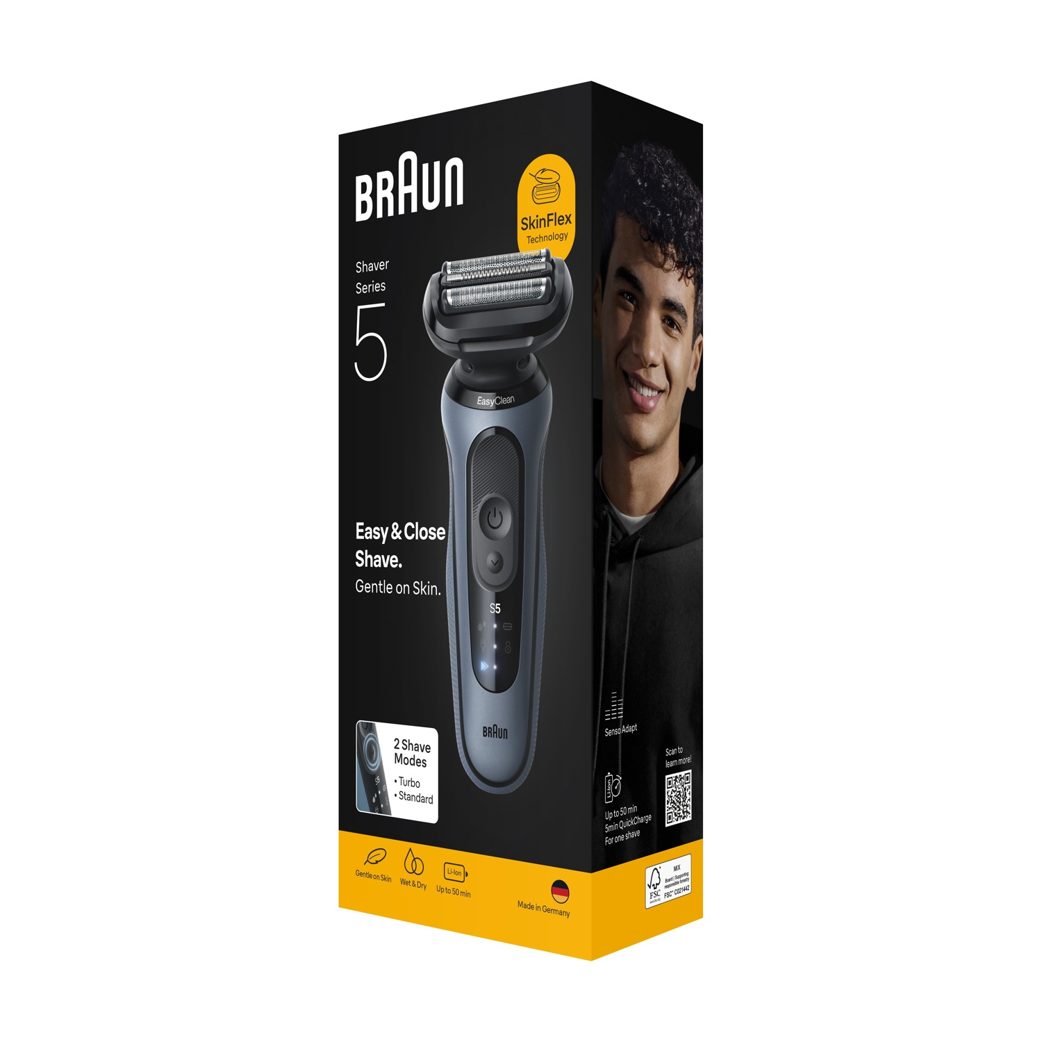 Opakowanie golarki Braun Seria 5 z mężczyzną i zdjęciem produktu.