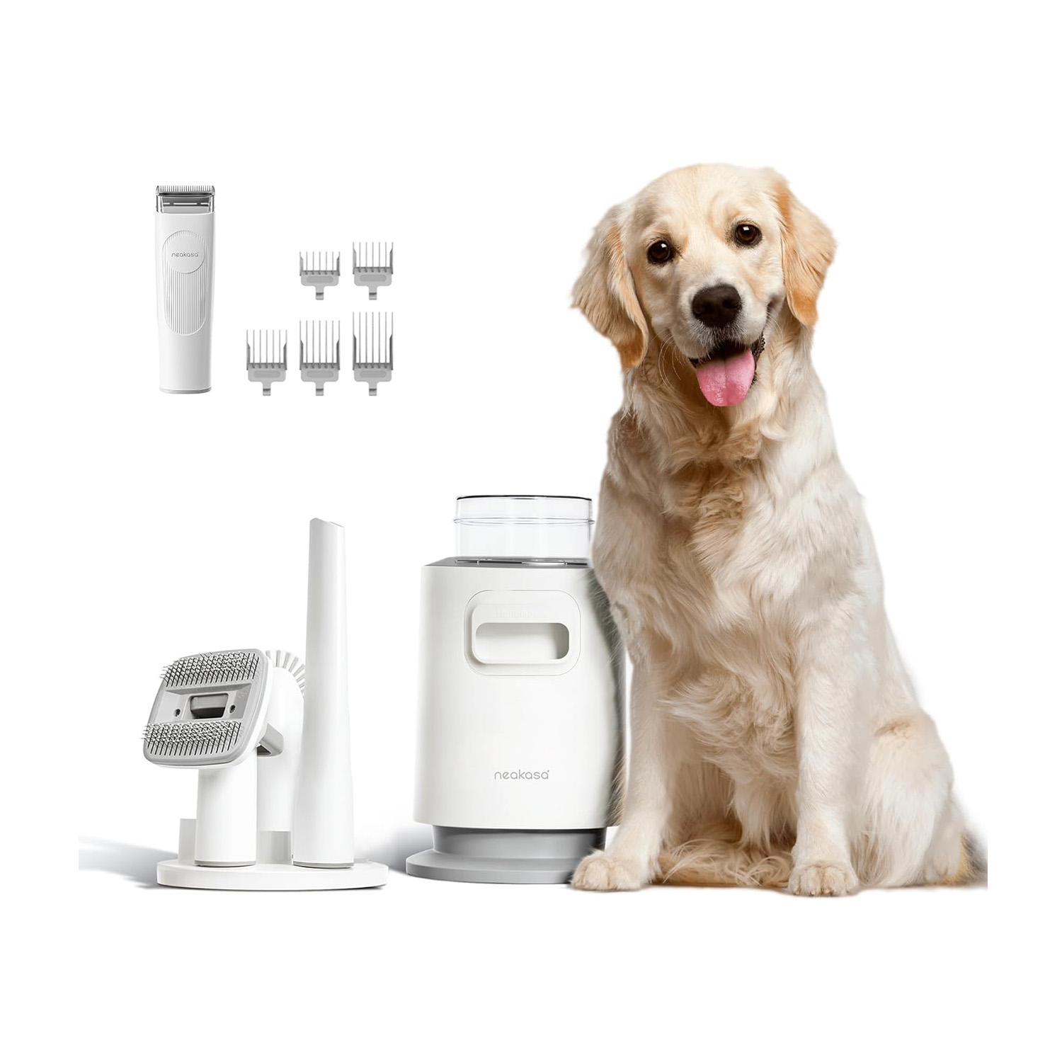 Ein Golden Retriever sitzt neben einem Haustierpflegegerät mit Trimmer und Bürste.