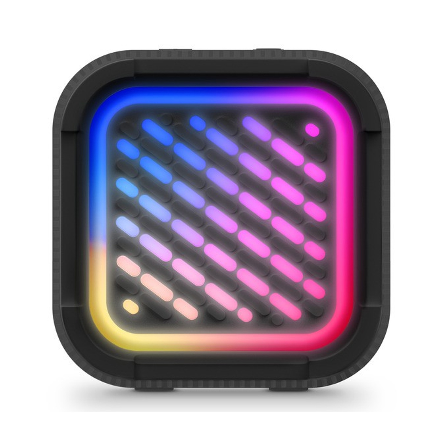 Ein schwarzer Lautsprecher mit bunten LED-Lichtern, die blau, lila und rosa leuchten.