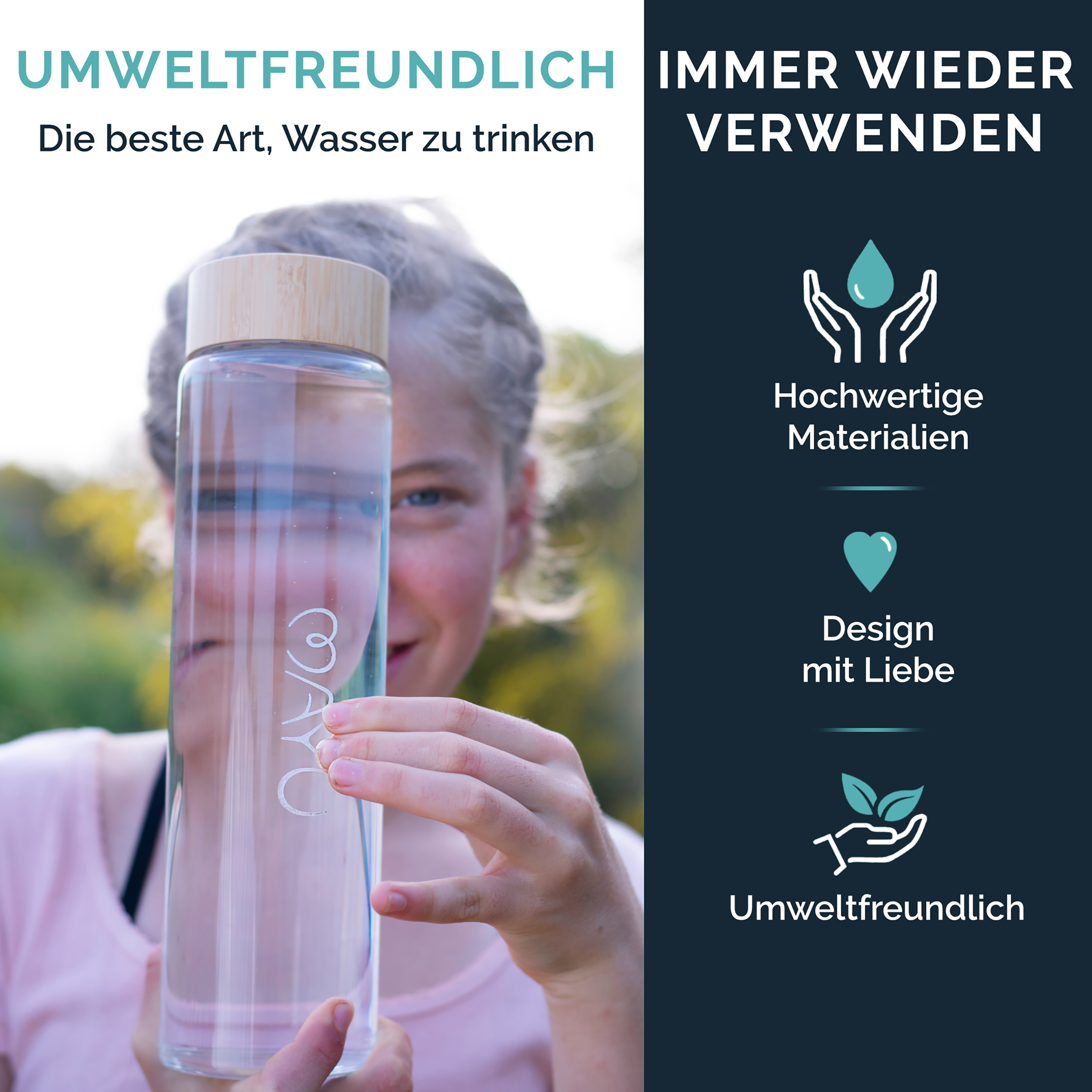 Ein Mädchen hält eine Glasflasche mit Bambusdeckel. Text hebt Umweltfreundlichkeit hervor.