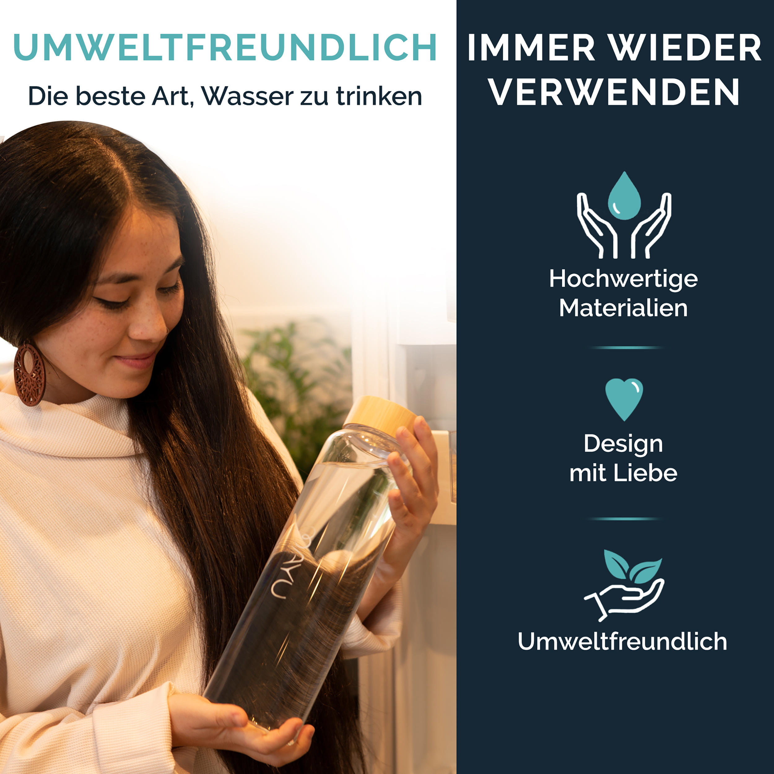 Eine Frau hält eine Glasflasche mit Holzdeckel. Text: Umweltfreundlich.