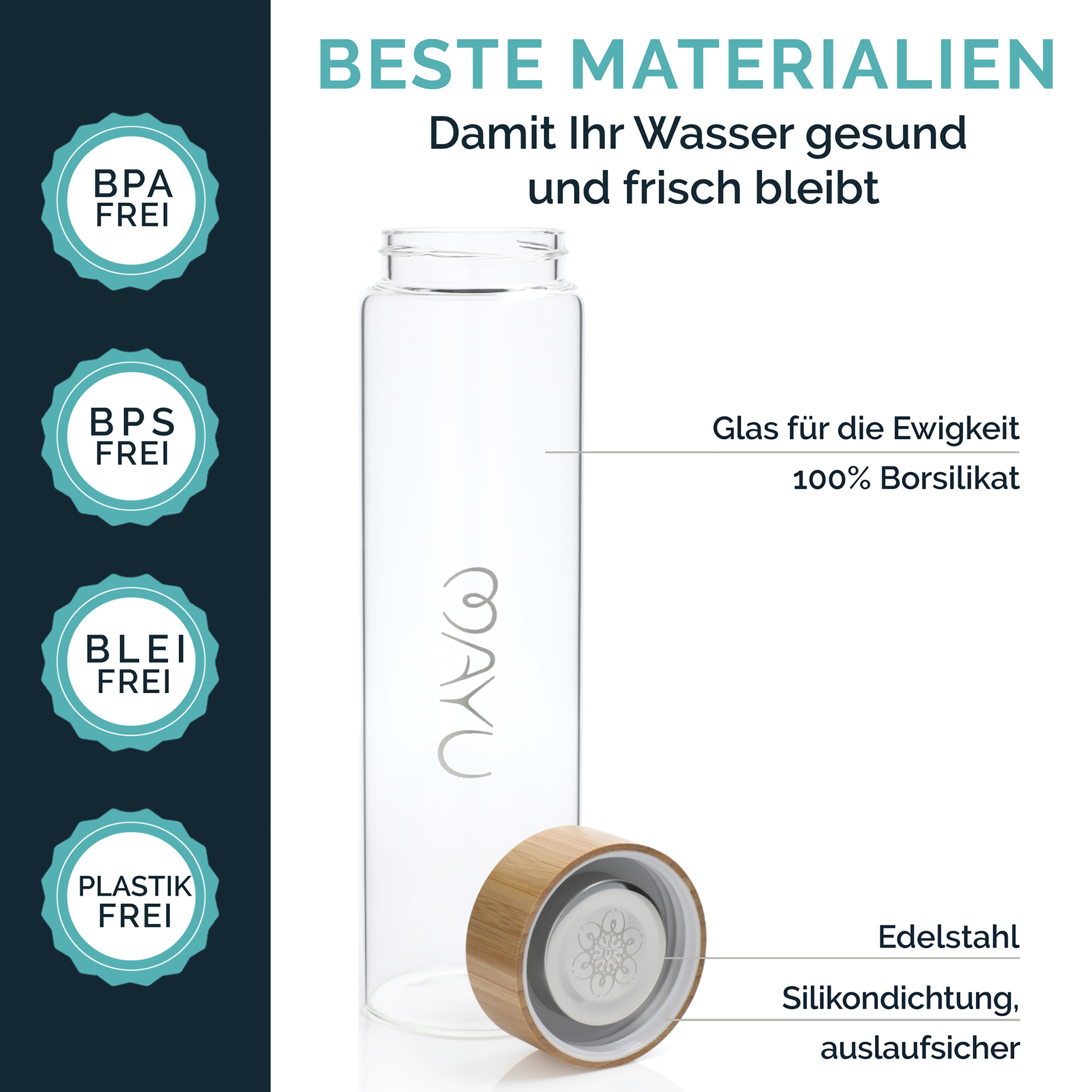 Glasflasche mit Holzdeckel, BPA/BPS/Blei/Plastik frei.